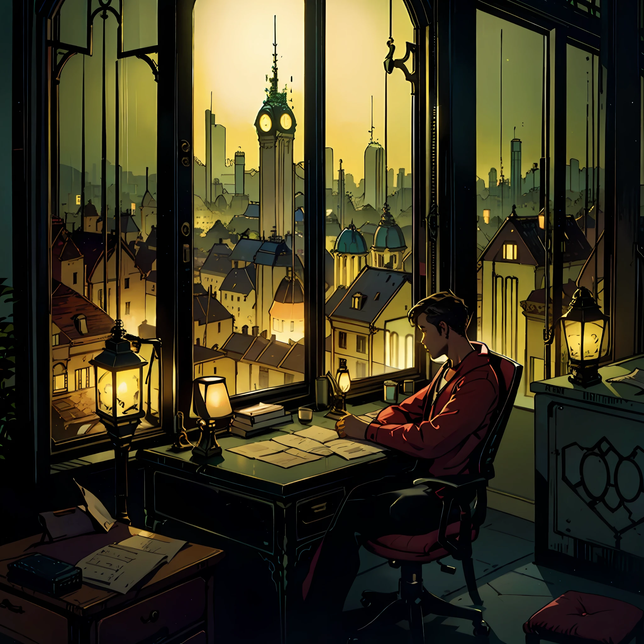 A boy sitting at a desk, with a lamp illuminating, in a room, at night, with a window that overlooks the city of Curitiba --auto