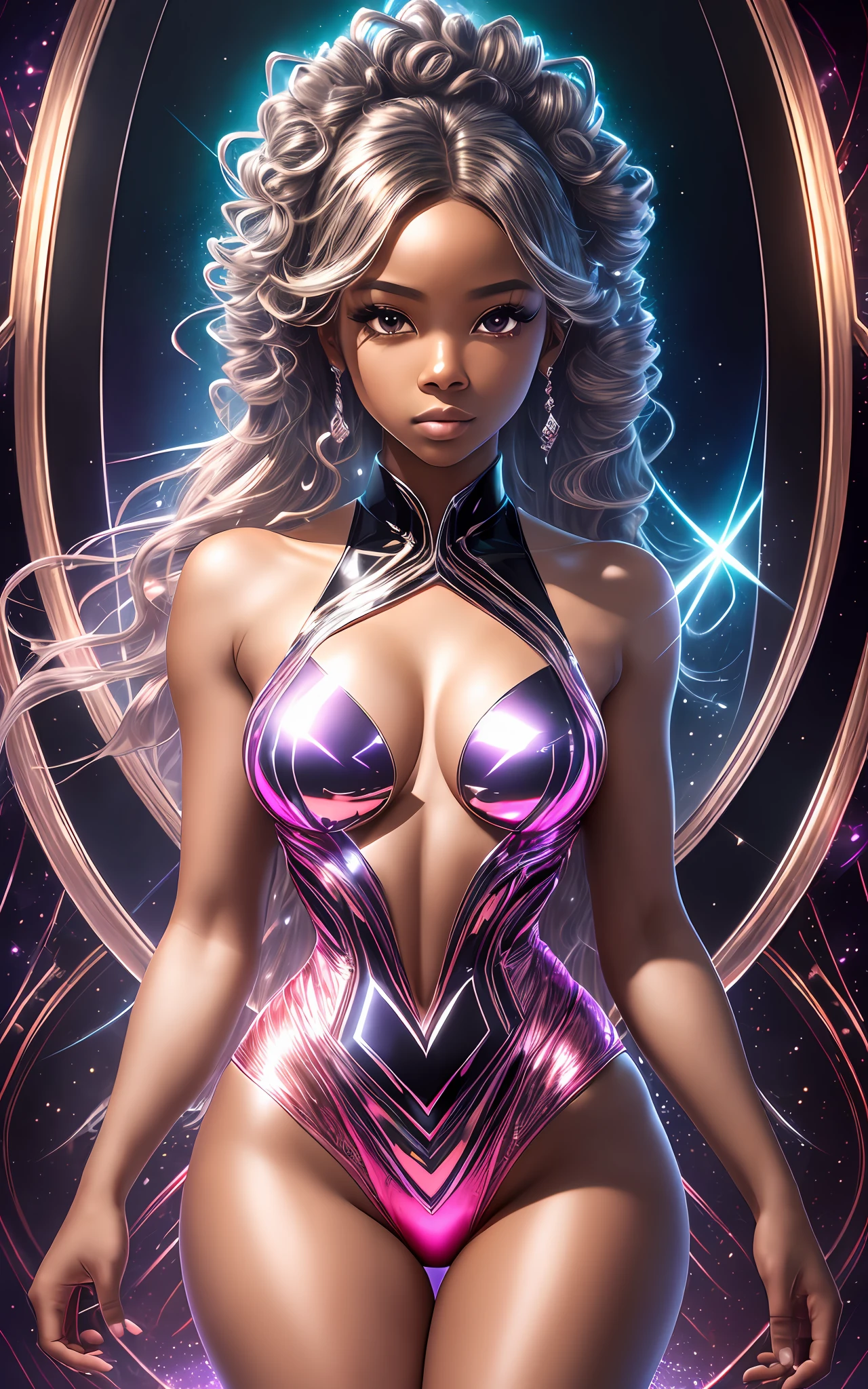 award winning 64k concept art of (black 1girl:1.2) in light pink majestic  standing bravely, turned head to the side, posing, epic, god rays, centered, upper body, (masterpiece:1.2), (best quality:1.2), Amazing, highly detailed, beautiful, finely detailed, warm soft color grading, Depth of field, extremely detailed 64k, fine art, stunning, iridescent, shiny, (light reflections:1.2), (crisp:1.5), silver curls, storm, vibrant, sunlit, (edge detection:1.2), absurdres, impressive, 120mm, outlining, wide thighs, mirrors, luminous, mirrors in the background, glittering, reflections, lights, sky in the background