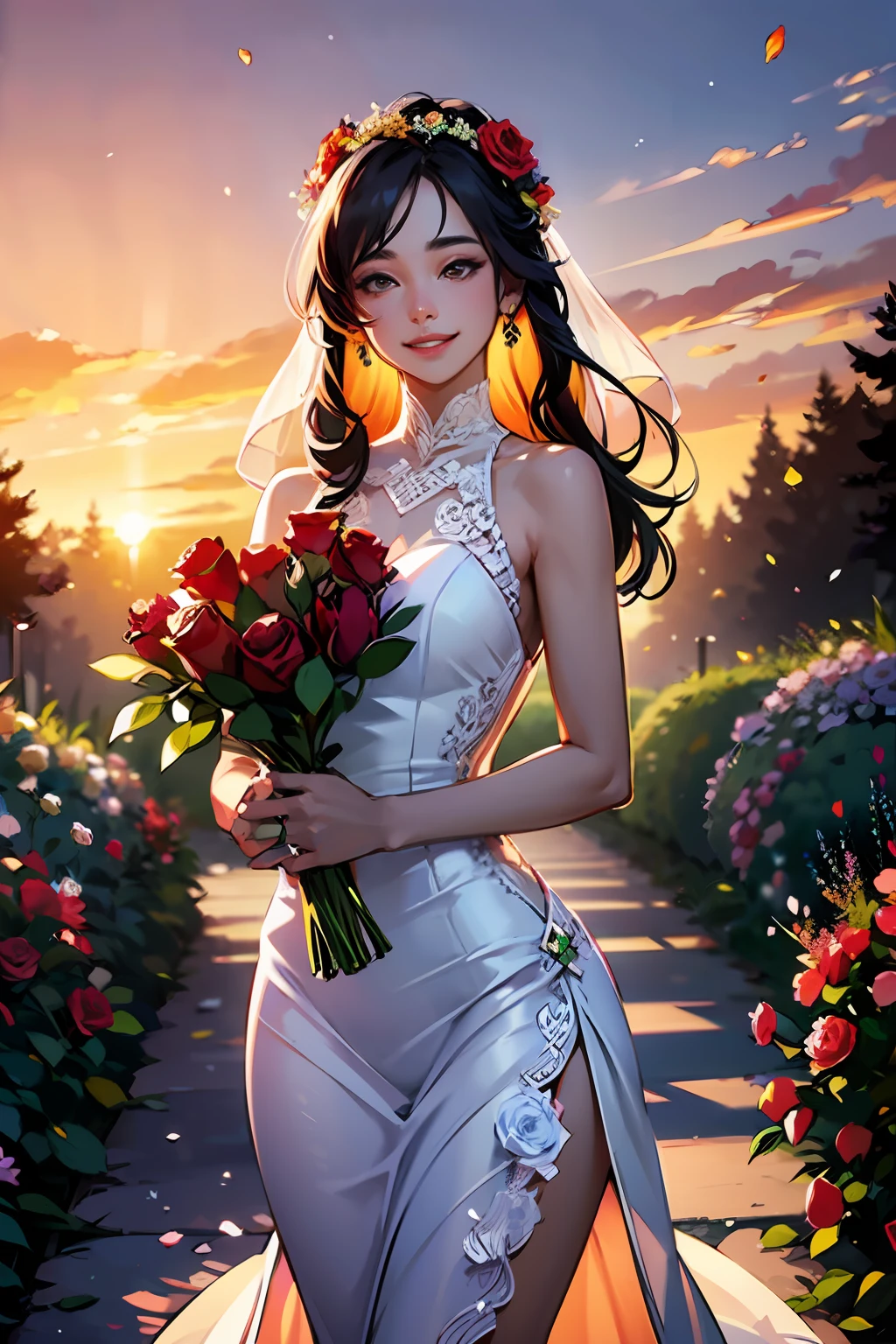 ((((Depth of field))),((((Sunset backlit),((Slim body)))),20 years old, twilight rays, lace wedding dress, flower crown, (((Rose tunnel))), rose front blur, bokeh, photorealistic, surrounded by colorful roses, ((smiling)))))), (mouth closed)))),((1 asian girl)), ( Sunset:1.3), (8k, RAW photography, best quality, masterpiece:1.2), (realistic, photorealistic:1.37), best quality, ultra high resolution,(standing in a flower garden:1.3), (vivid and colorful:1.3)