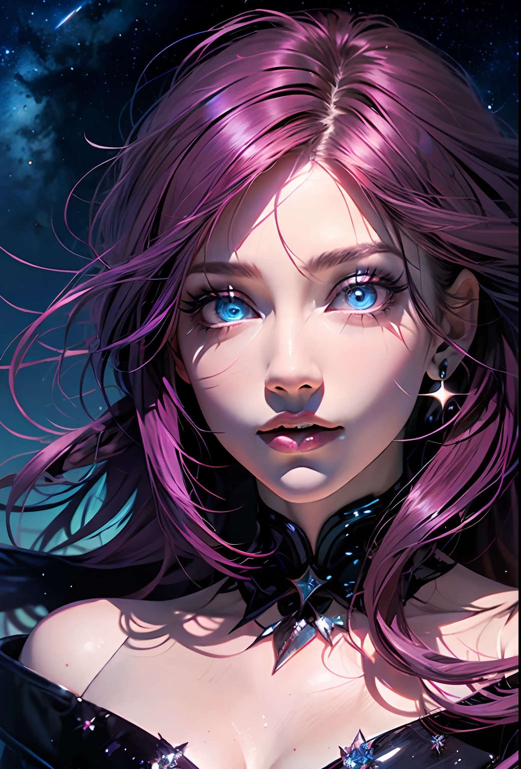 (dark magenta hair, long hair, straight hair, beautiful hair), (blue eyes, starry eyes, beautiful eyes, eye highlights, sharp eyes)) ((1girl, (mature)), starry background