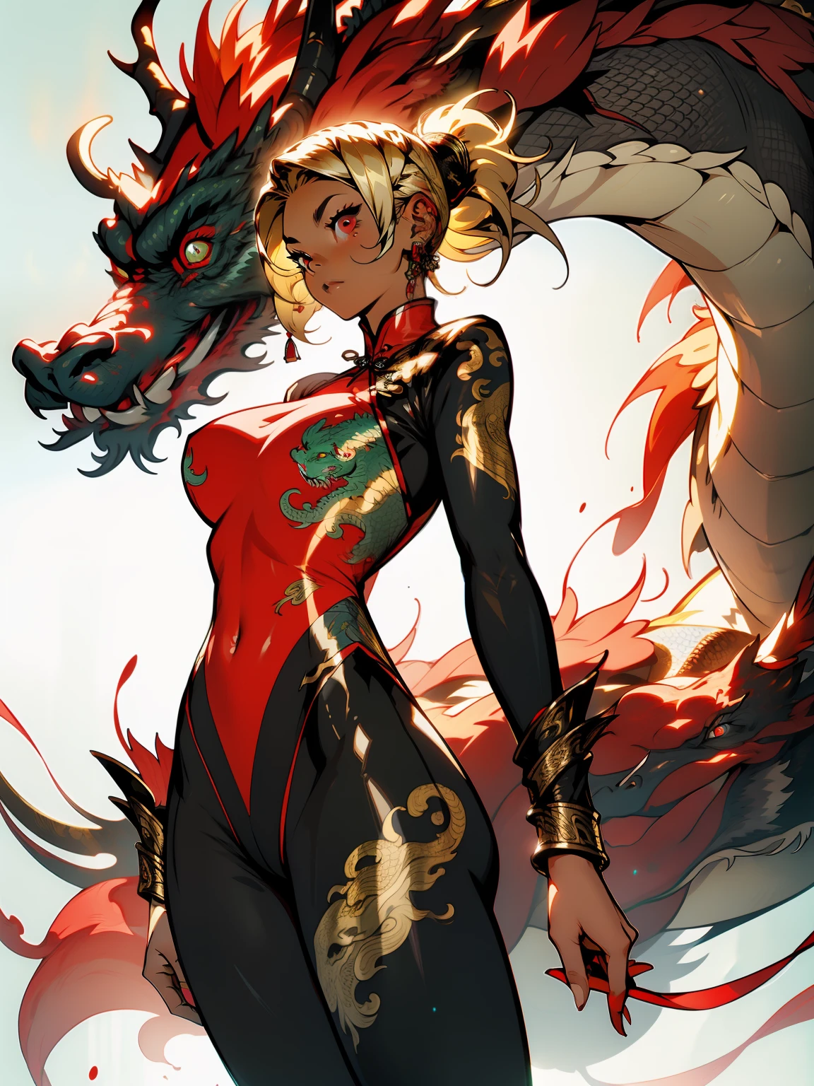 tan lines, black skin, huge breasts, Chinese dragon background, blond hair, curved hips, red eyes, leggings, glowing effect, warrior, fantasy, gold ornament