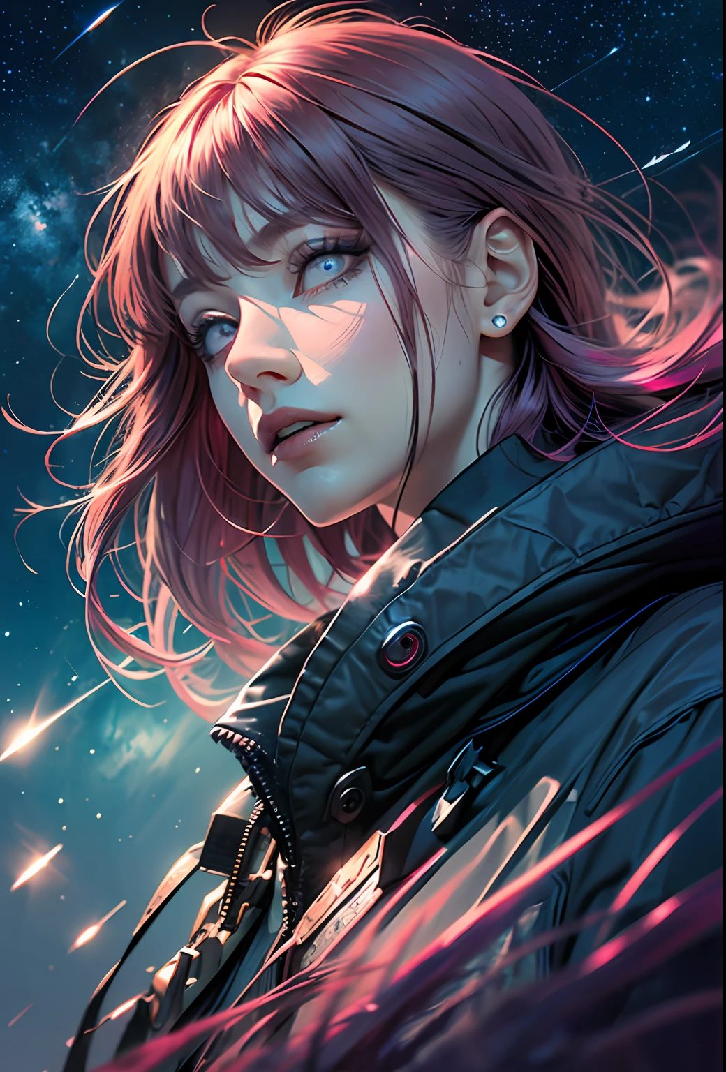 (dark magenta hair, long hair, straight hair, beautiful hair), (blue eyes, starry eyes, beautiful eyes, eye highlights, sharp eyes)) ((1girl, (mature)), starry background