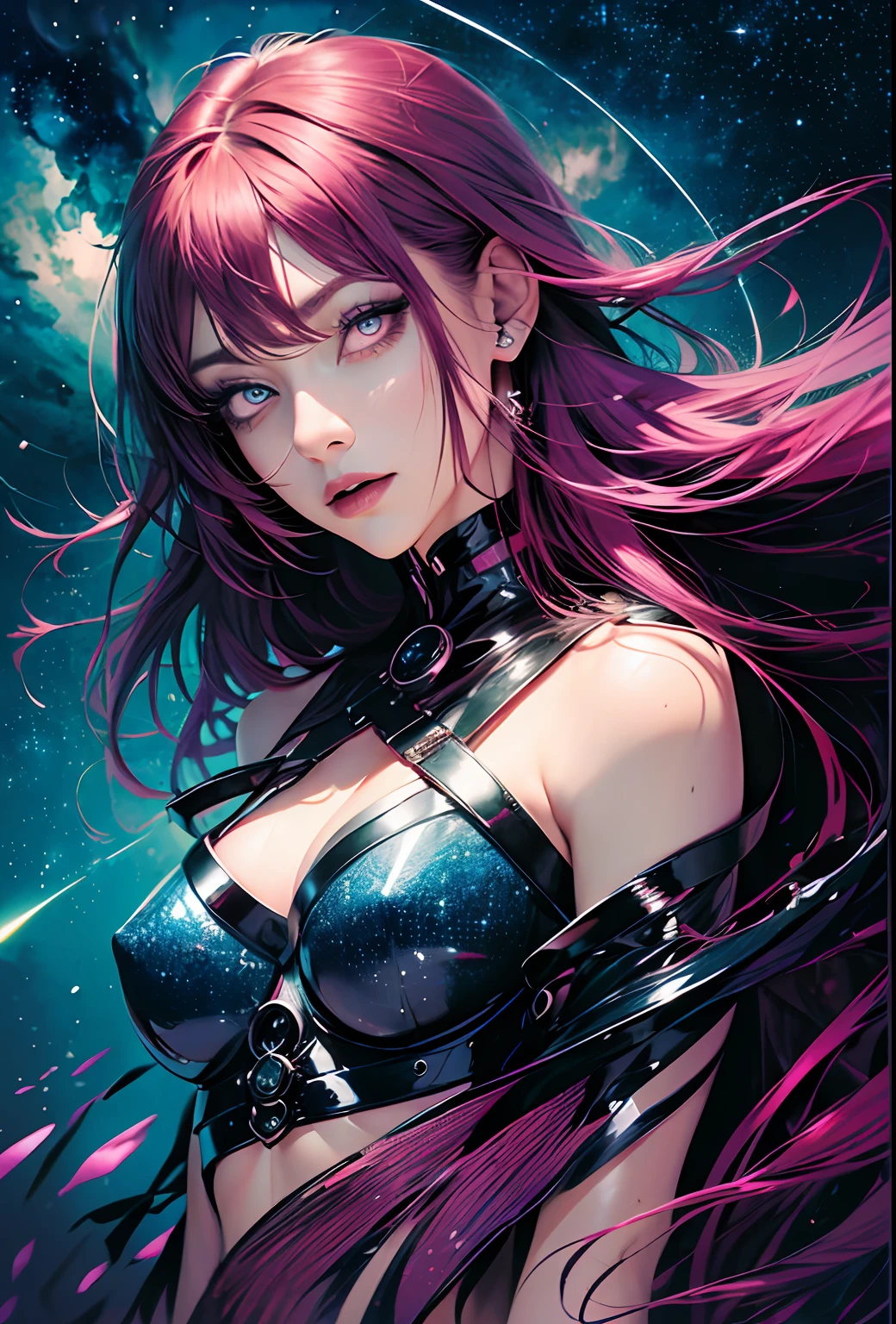 (dark magenta hair, long hair, straight hair, beautiful hair), (blue eyes, starry eyes, beautiful eyes, eye highlights, sharp eyes)) ((1girl, (mature)), starry background