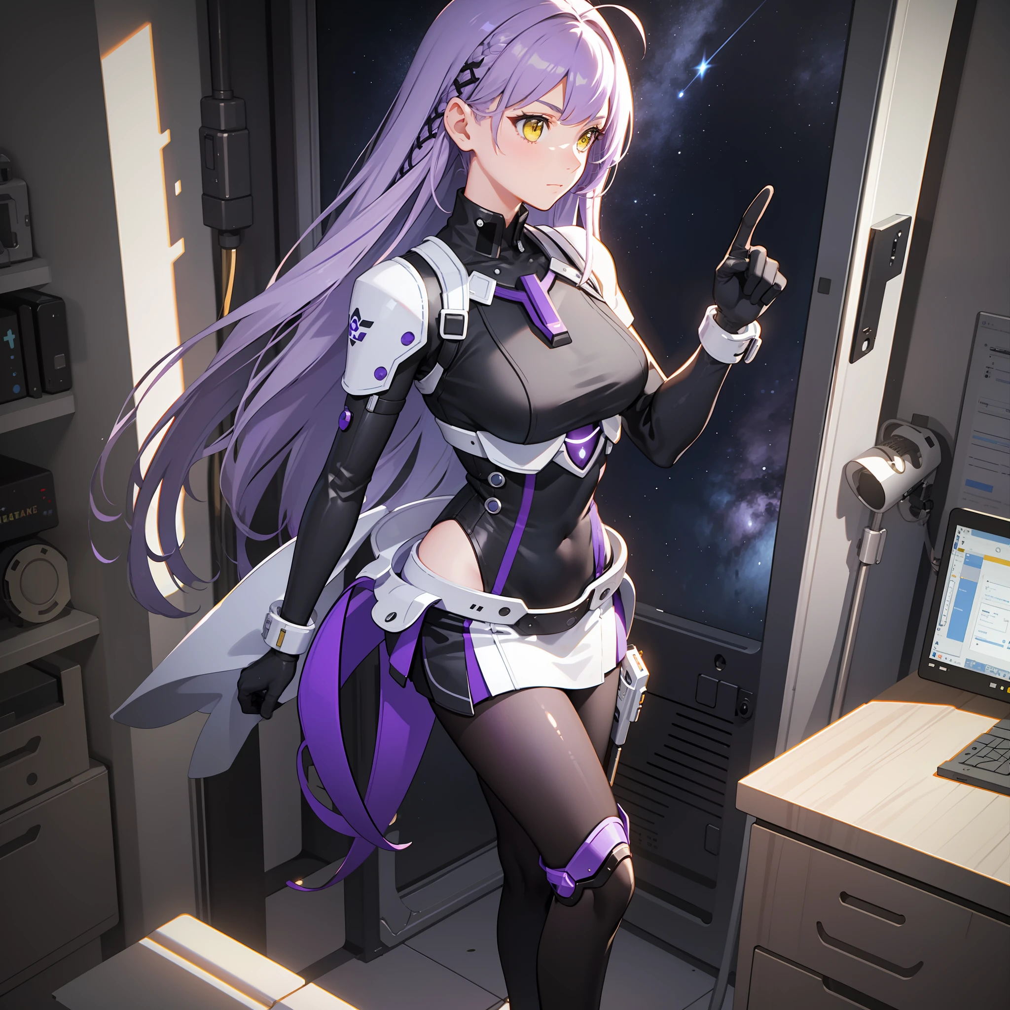 complex anime 3d render ultra detailed, (((masterpiece))), (((best quality))), ((ultra-detailed)),(3D Cartoon rendering),(from side),cinematic light,((solo mechanical girl,alone)),({best quality}),(Ultra Fine),(full detail),delicate youthful face,well_developed curves,hourglass_figure,perspective,beautiful_face,high_quality_outfits,futuristic_outfits,silght_blush,full_body,full detail face,protective outfits,Honkai_Impact,scientist,anatomical,Ray Tracing;

(purple hair:1.5),indigo hair tips,two strand of deev violet hair framing face,violet ahoge, (waist-length flowy hair sorted into two parts on back),(one cross-shaped white mechanial hairpin at left side,pointing upwards);(crystal clear yellow eyes:1.6, x-shaped pupil),yellow goggle eyeglasses,golden hexagob star necklace

Futuristic dress outfit,mechanic gadgets,elegant and modest outfits,black collar,black long slender sleeves,black arm bracers,white bracelets,black gloves,white tanktop with violet lines,black mechanic corset with a pair of golden buttons,electric circult pattern on corset,violet zipper,violet traces,metalic waistband with four gadget holsters,violet waistband,(white scifi armor knee-length skirts,knee-length asymmeric segmented hems),(black streamline plain tassets),violet knee-length dress,black shorts,(black and violet pantyhose),golden gartener belt around left leg,silver waistband with gadget holsters,knee bracers;silver mechanic boots,heeled boots; White mechanic backpack on back;

calm expression,vigilat gaze,stretching hands,standing,looking forwards

Alone in white scifi command room with toolstands,standing in a spaceship,beside a workbench,starry sky visble through window in background, (starry sky:1.2),dreamy, [[delicate fingers and hands:0.55]:0.85],(detailed fingers)