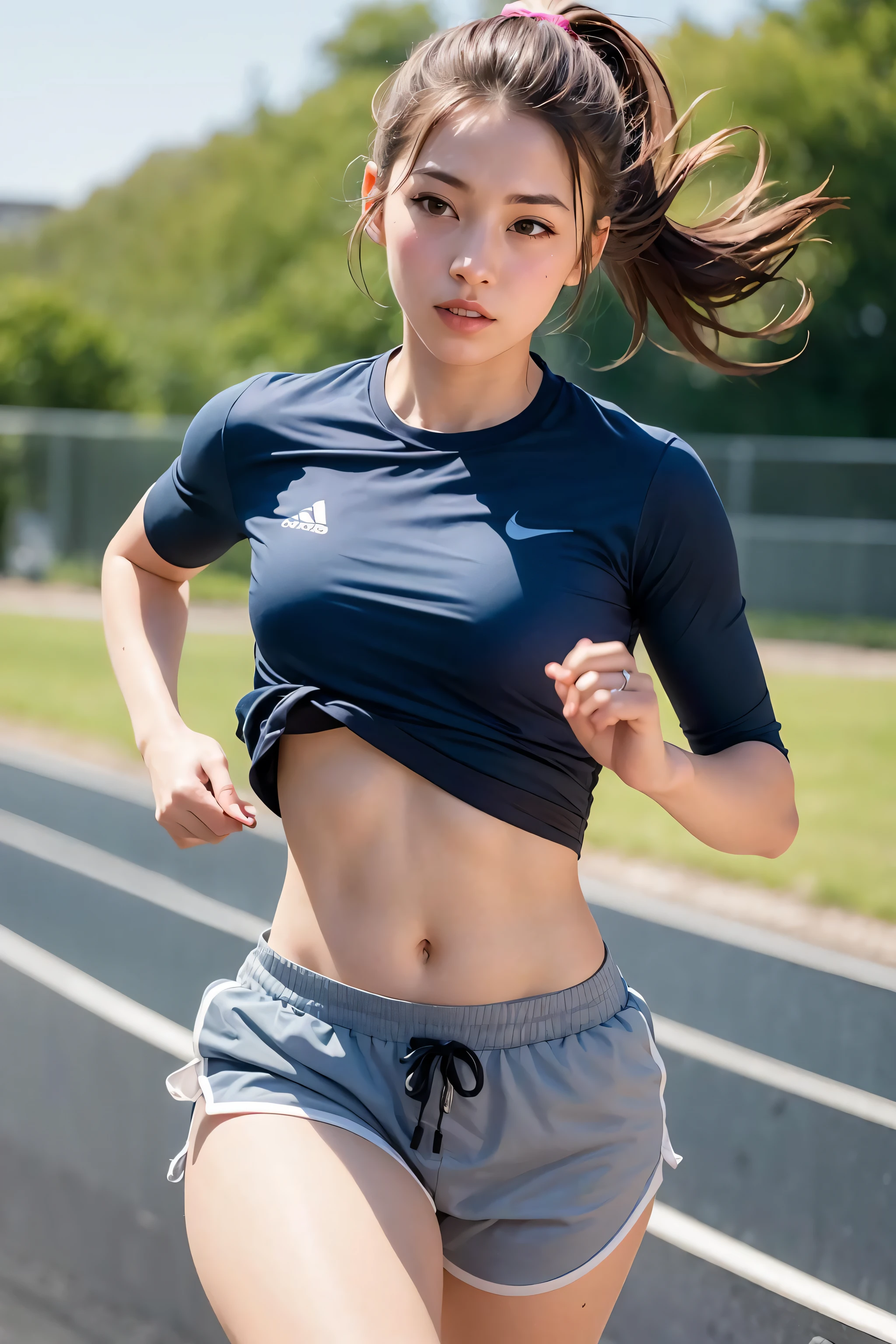 1 girl, solo, running, Gray Track Top, pink shorts, ponytail, athletic build, dynamic brushstrokes, fluid movement, capturing the essence of her athleticism and energy, using light colors and soft tones to create a dreamy and ethereal atmosphere, portraying the motion and grace of running, showing the wind blowing her ponytail and clothes, and the scenery of her surroundings.
outdoors, detailed background, Modern metropolis,
