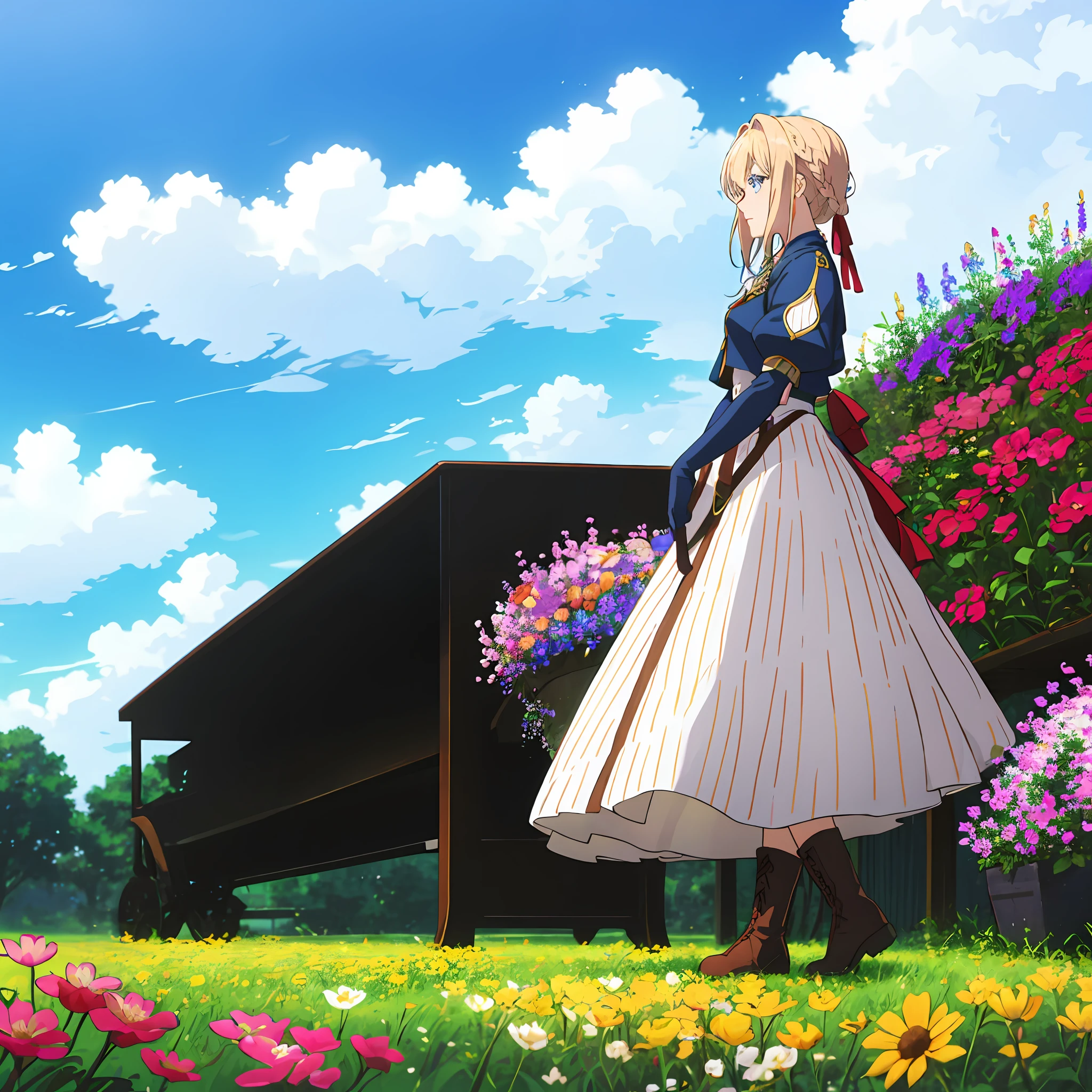 Violet evergarden, brooch, ,blue eyes, jacket, blonde, braid, red ribbon ,puffy sleeves, gloves, 1girl, solo ,from side, sky, flowers field, best lighting, full body, boots, looking up, long skirt,
