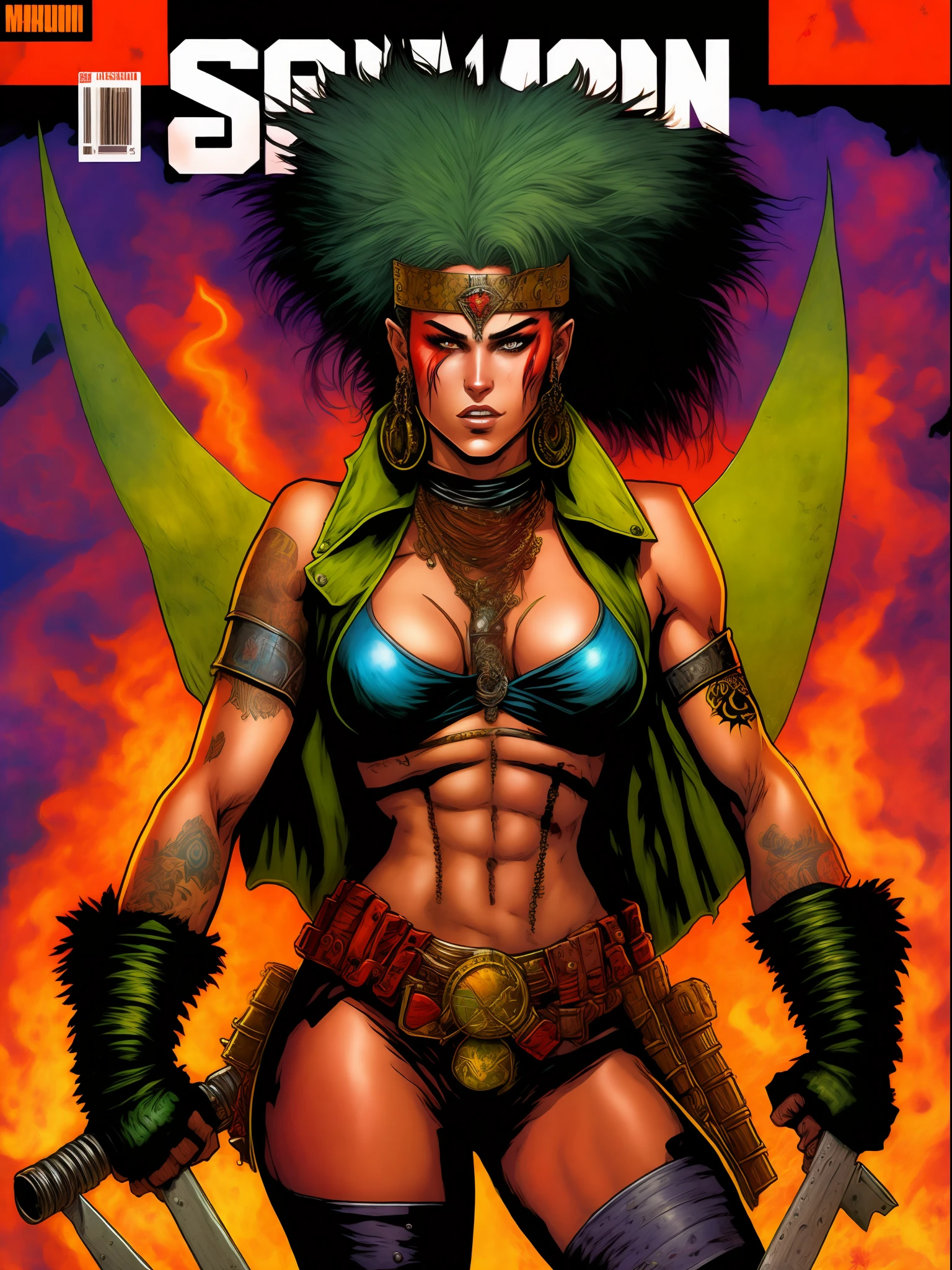 A muscular 23-year-old female warrior is almost naked in Simon Bisley style, Heavy Metal Magazine Cover style, colorful mohawk hair, big breasts, lowest-cut clothing, tight warm and short-colored clothing