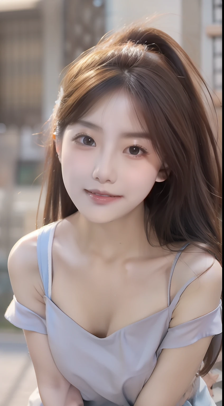Gentle and charming Chinese beauty, delicate sexy collarbone, charming oval face, double eyelids, smart [peach] flower eyes, pink lips, small nose, bare shoulders, focus on face, face close-up, ultra HD, ultra detail, (loose)), off-the-shoulder cropped top: 1.3 echoes light blue high slit mini skirt, (chest cut). Fresh and impressive, natural color (medium breasts: 1.25), black stockings