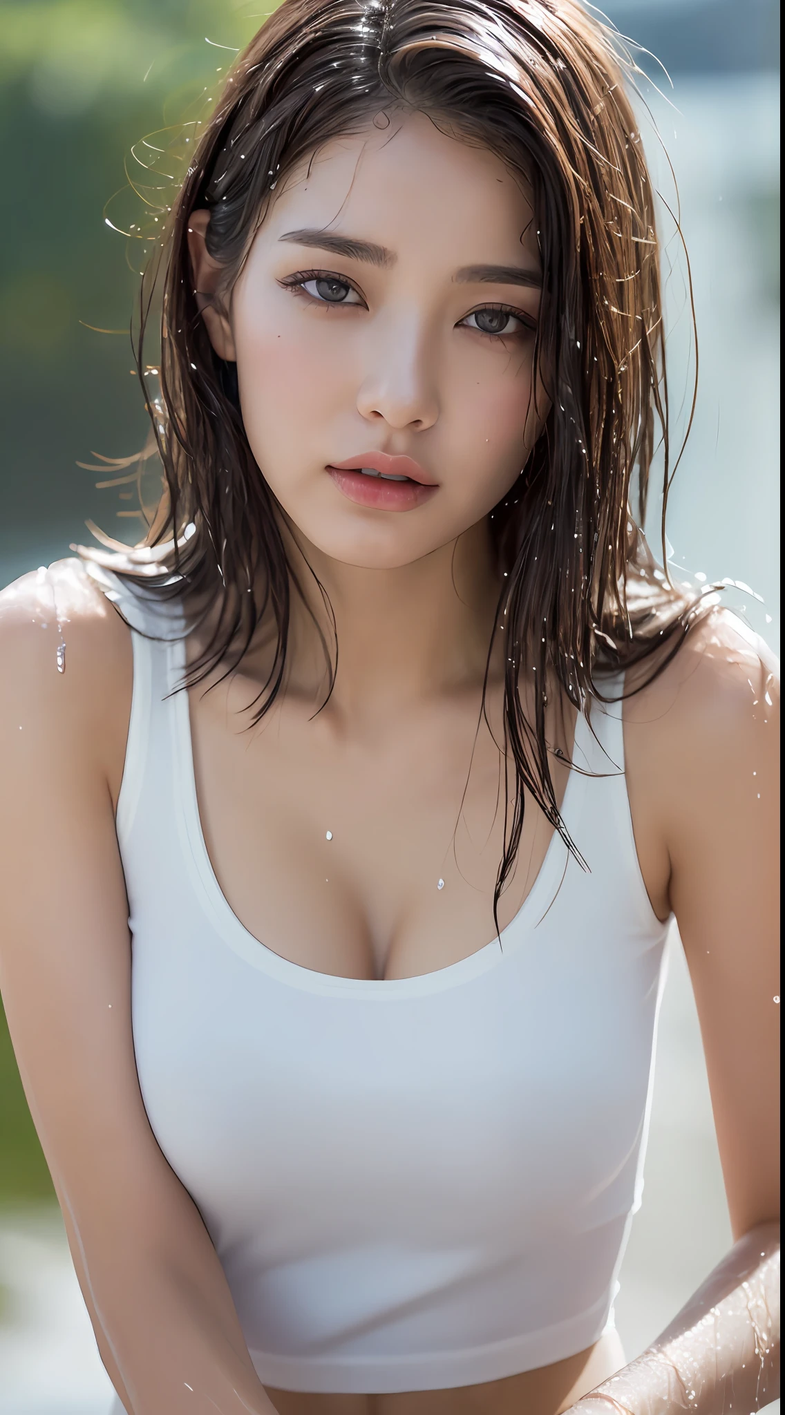 (Best quality, 4k, Masterpiece :1.3), pretty woman, 1girl, sexy :1.1, dark brown hair: 1.1, (rainy wet, wet from rain, wet body :1.2), white tank tops, ultra-detailed face, detailed lips, detailed eyes, double eyelid