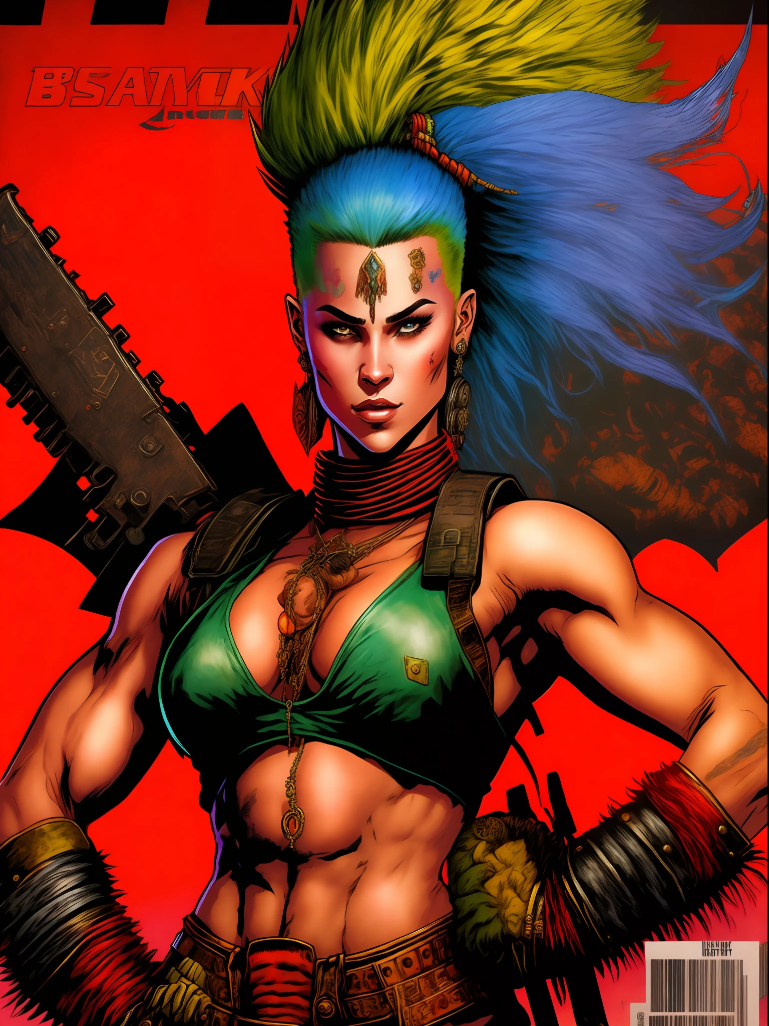 A muscular 23-year-old female warrior is almost naked in Simon Bisley style, Heavy Metal magazine cover style, colorful mohawk hair, lowest-cut clothes, warm and short-colored clothes