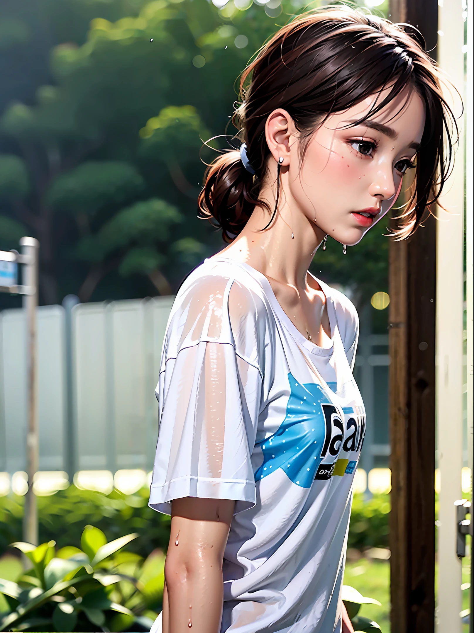 Girl, wet T-shirt (transparent), standing in the rain, cell phone in hand, other hand on chest, ponytail, school uniform to be draped over shoulders, flat chest,