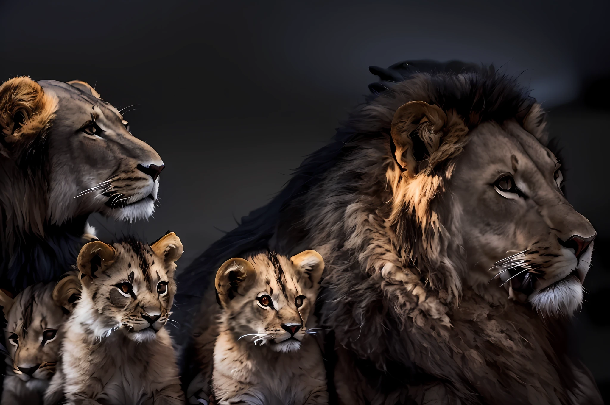 ((Grayscale photograph), (((Lioness without mane)))), ((Realistic hair)), there are a lot of lions that are standing together, lions, proud look, proud look, family photo, family portrait, jungle king, trend photo, trend, lion, wildlife animals, majesty, a lioness in the background, ((black background)), dark night, lion, looking forward, animals ruling the world, looking straight, cub, lioness, contemplating