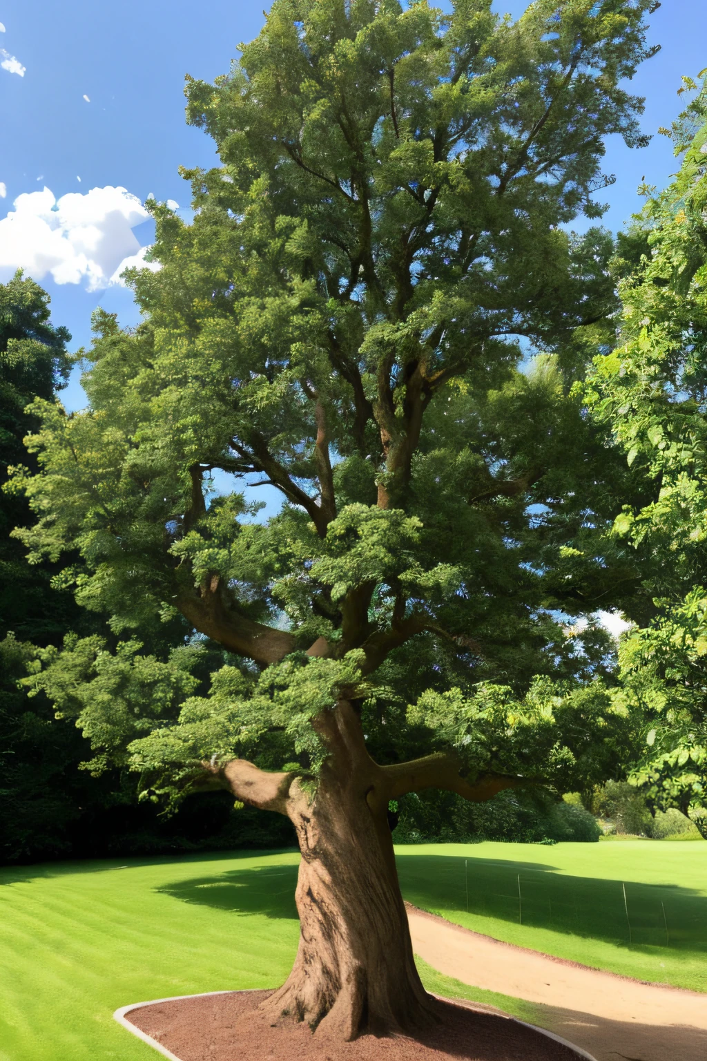 masterpiece, best quality, high quality. Large centenary oak with a very twisted and intricate trunk.