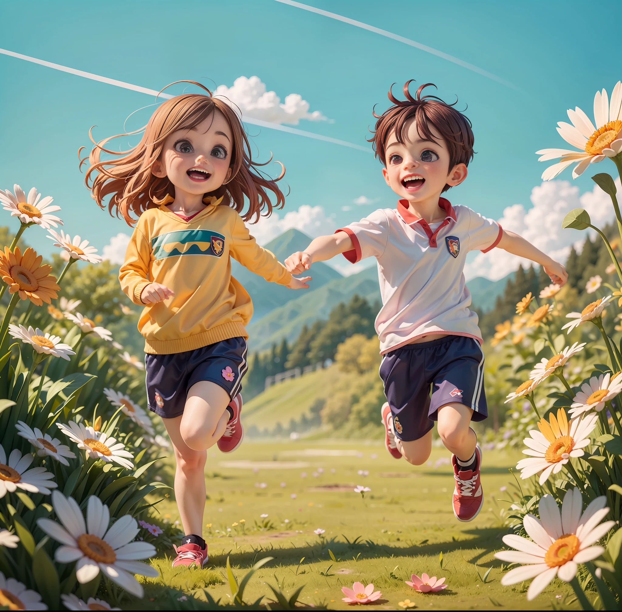 ((Best Quality)), ((Masterpiece)), 1 Girl 1 Boy Running, Happy, Boy Has 2 Feet, Big Eyes, Looking Ahead, Spring Swim, Grass in the background, Falling Flowers, Perfect Face, Intricate Details, Clear Focus, Ultra Low Vision, Wide Angle Lens, V6