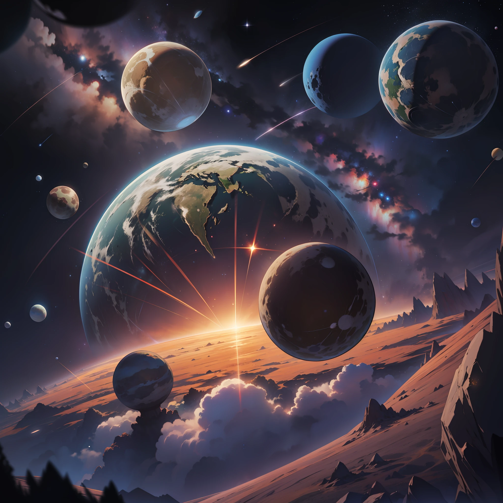 View of the Solar system, with thousands of stars, and dozens of planets, meteors, UFOs hovering