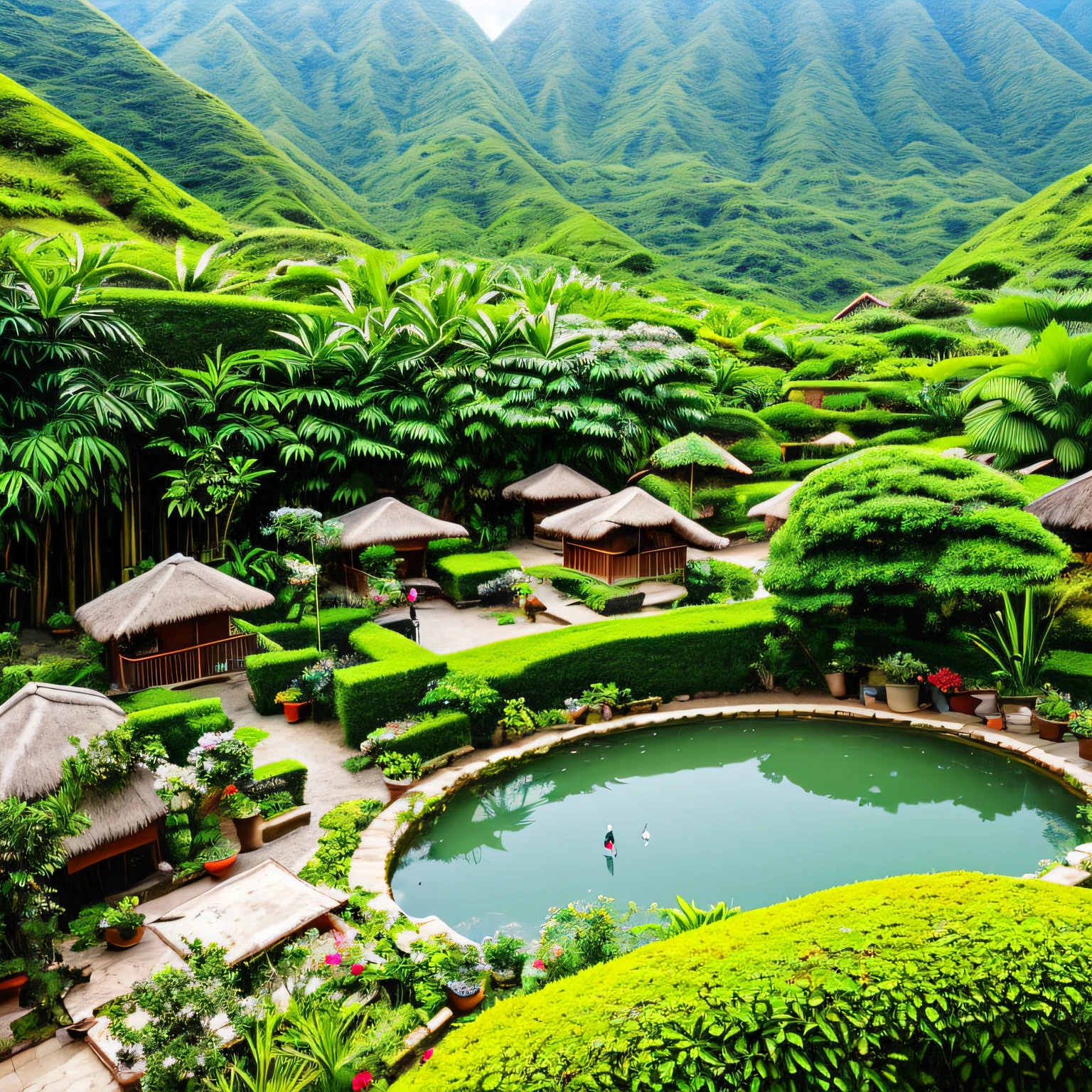 The view from the window, below is an ancient cooking smoke-filled village, a garden and a small pond and a bamboo forest, people in daily life, tropical village, morning --auto