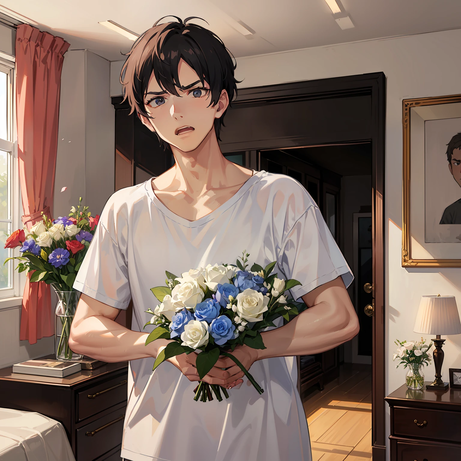 (A man in a white T-shirt 1.7)
(holding a bouquet of flowers 1.8)
(1.9 in bedroom room)
(Emoticon Anger 1.9)