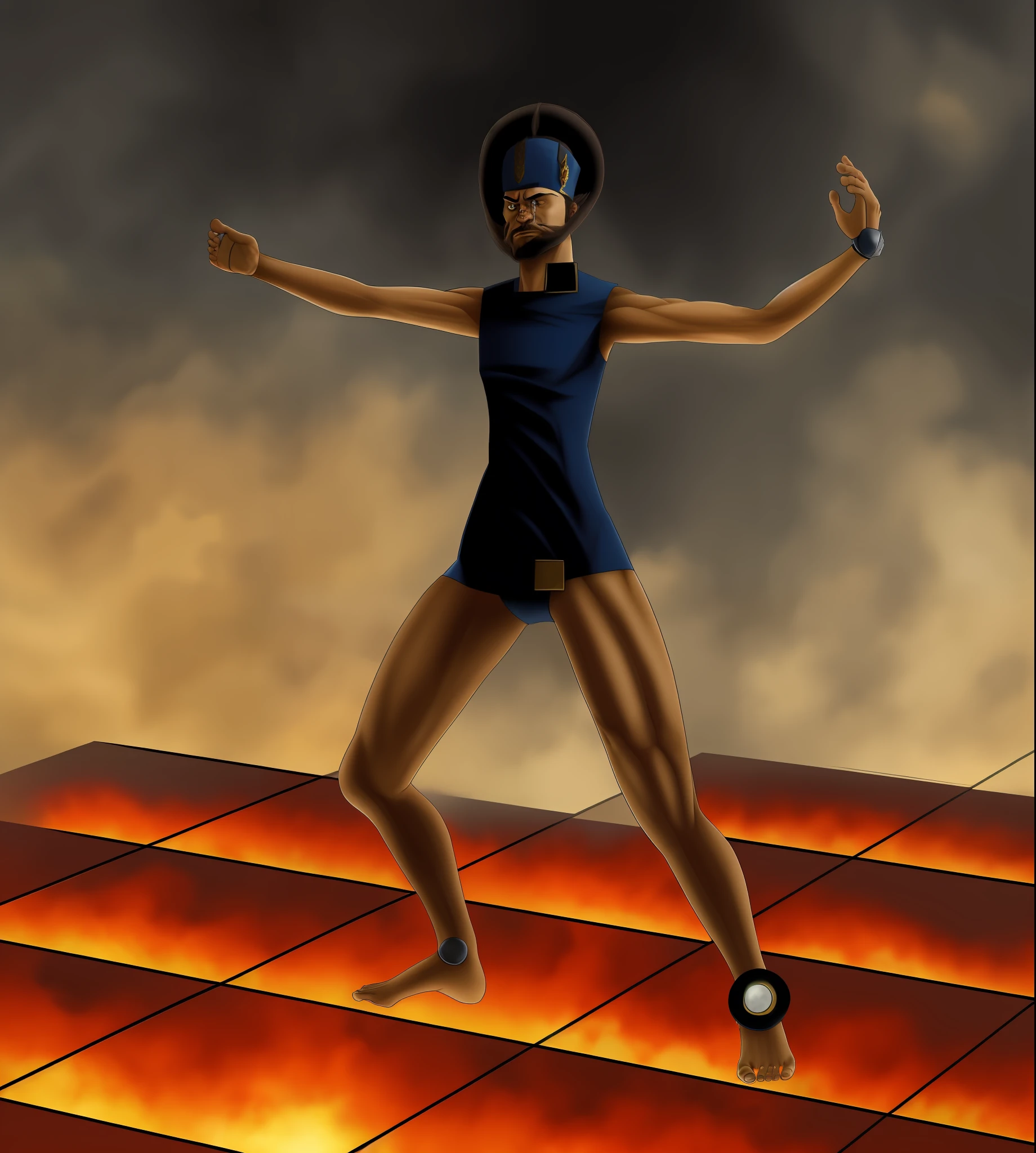 Angry Hercules King, hair upside down, feet on a man and a woman, the whole body is on fire, the fire is in the sky,