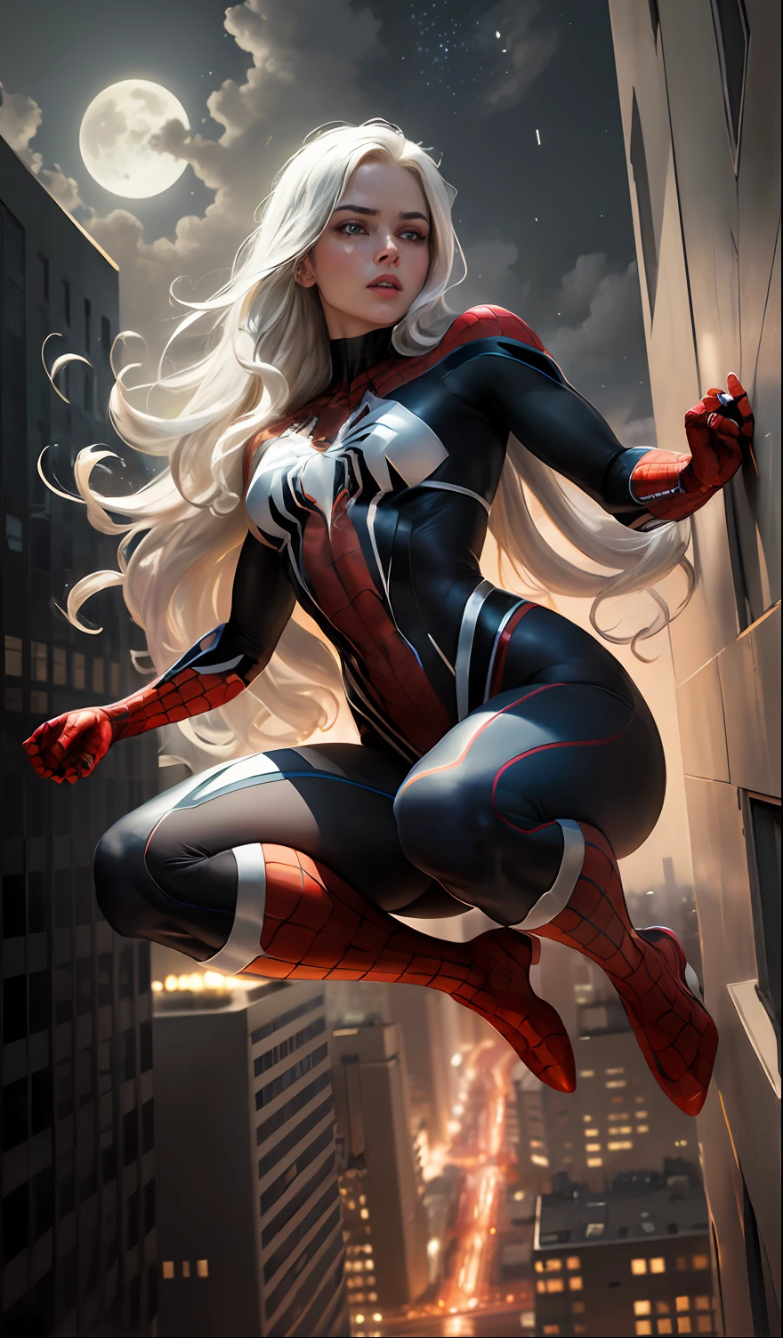 (Masterpiece, 4k resolution, ultra-realistic, very detailed), (White superhero theme, charismatic, there's a girl on top of town, wearing Spider-Man costume, she's a superhero), [ ((25 years), (long white hair:1.2), full body, (blue eyes:1.2), ((Spider-Man pose),show of strength, jumping from one building to another), ((sandy urban environment):0.8)| (cityscape, at night, dynamic lights), (full moon))] # Explanation: The Prompt mainly describes a 4K painting of ultra-high definition, very realistic, very detailed. It shows a superheroine at the top of the city, wearing a Spider-Man costume. The theme in the painting is a white superhero theme, the female protagonist has long white hair, is 25 years old and her entire body is shown in the painting. In terms of portraying the actions of superheroines, spiders are employed