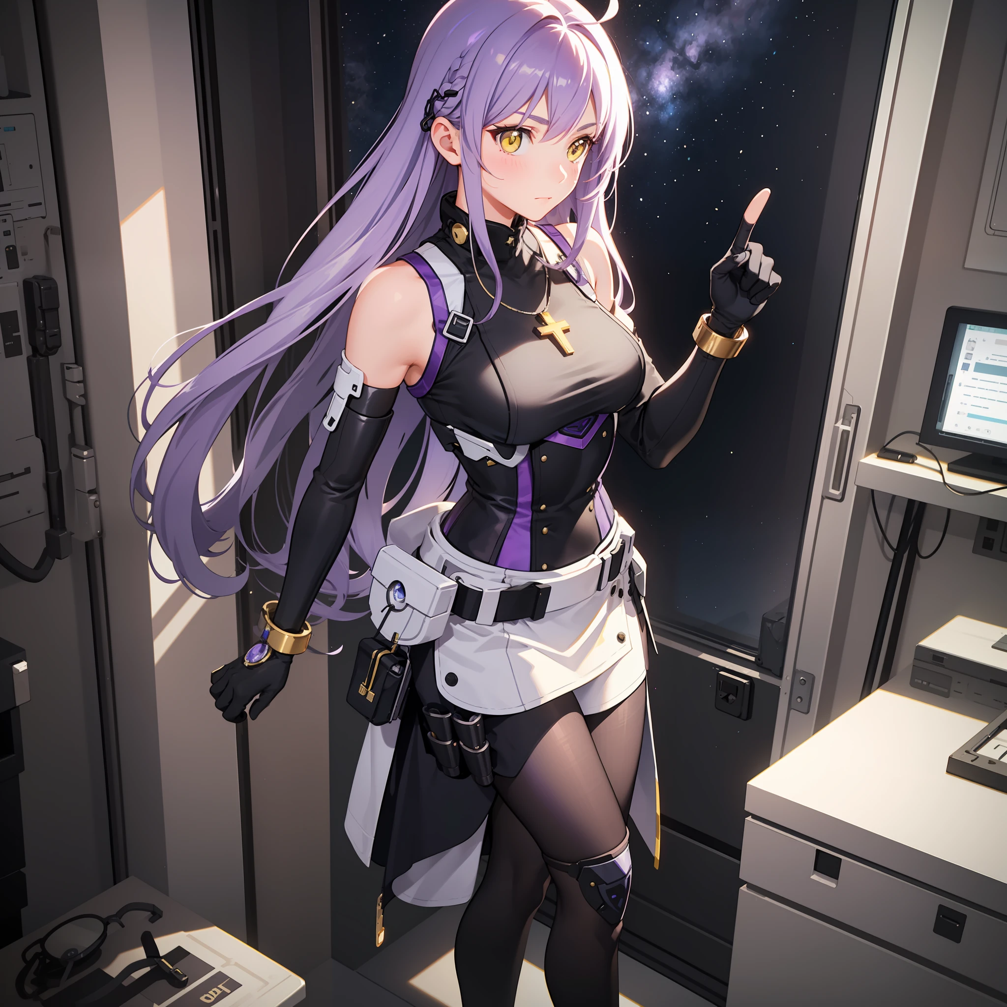 complex anime 3d render ultra detailed, (((masterpiece))), (((best quality))), ((ultra-detailed)),(3D Cartoon rendering),(from side),cinematic light,((solo mechanical girl,alone)),({best quality}),(Ultra Fine),(full detail),delicate youthful face,well_developed curves,hourglass_figure,perspective,beautiful_face,high_quality_outfits,futuristic_outfits,silght_blush,full_body,full detail face,protective outfits,Honkai_Impact,scientist,anatomical,Ray Tracing;

(purple hair:1.5),indigo hair tips,two strand of deev violet hair framing face,violet ahoge, (waist-length flowy hair sorted into two parts on back),(one cross-shaped white mechanial hairpin at left side,pointing upwards);(crystal clear yellow eyes:1.6, x-shaped pupil),yellow goggle eyeglasses,golden hexagob star necklace

Futuristic dress outfit,mechanic gadgets,elegant and modest outfits,black collar,black long slender sleeves,black arm bracers,white bracelets,black gloves,white tanktop with violet lines,black mechanic corset with a pair of golden buttons,electric circult pattern on corset,violet zipper,violet traces,metalic waistband with four gadget holsters,violet waistband,(white scifi armor knee-length skirts,knee-length asymmeric segmented hems),(black streamline plain tassets),violet knee-length dress,black shorts,(black and violet pantyhose),golden gartener belt around left leg,silver waistband with gadget holsters,knee bracers;silver mechanic boots,heeled boots; White mechanic backpack on back;

calm expression,vigilat gaze,stretching hands,standing,looking forwards

Alone in white scifi command room with toolstands,standing in a spaceship,beside a workbench,starry sky visble through window in background, (starry sky:1.2),dreamy, [[delicate fingers and hands:0.55]:0.85],(detailed fingers)