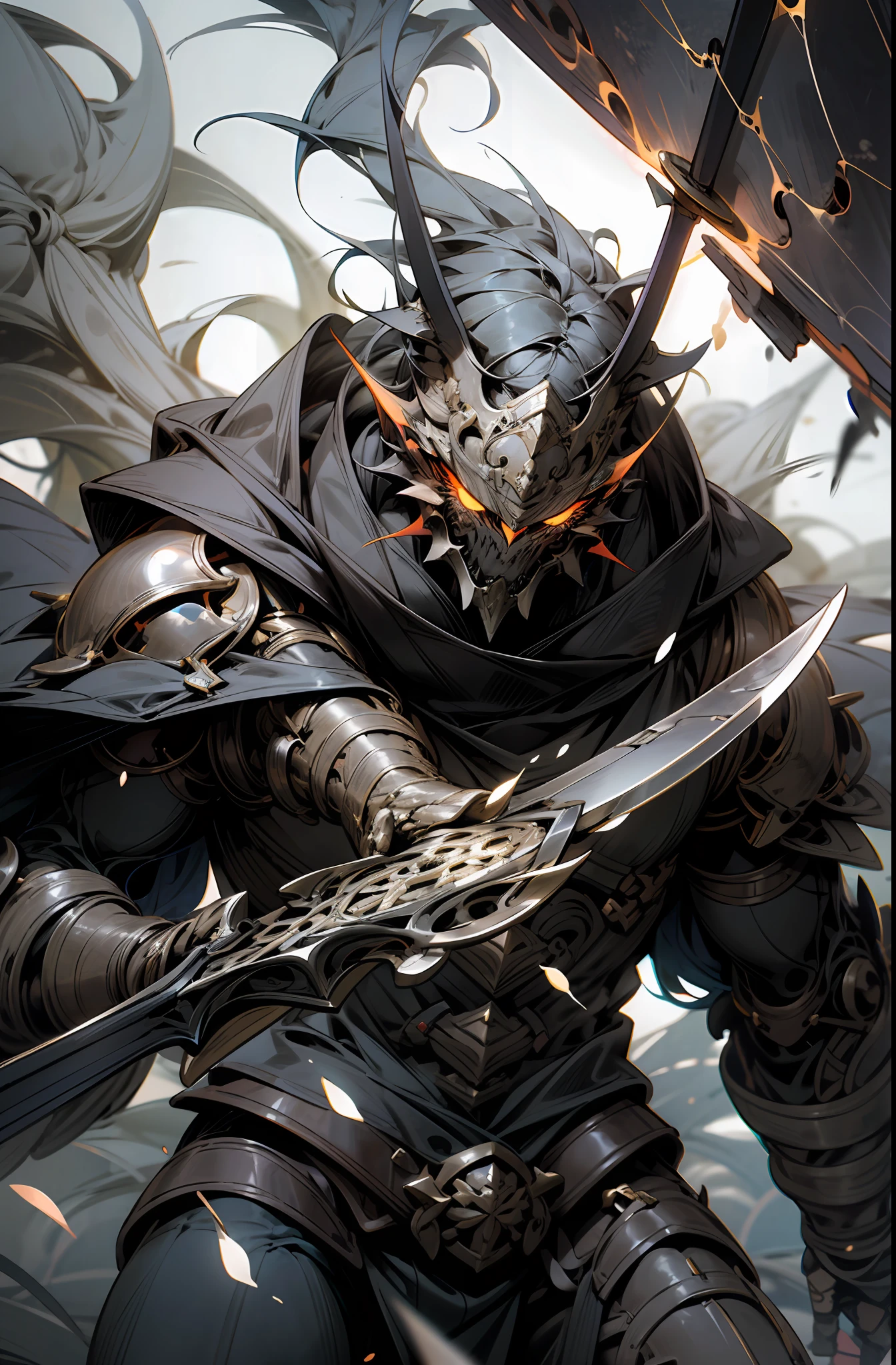 The image depicts a powerful and imposing berserker warrior, cloaked in a dark mantle that blends with the surrounding shadows. His muscular and robust body bears marks and scars from countless battles, indicating his resilience and combat experience.
The warrior's eyes shimmer with an intense red glow, emitting a sinister and menacing aura. His facial expression is determined and unyielding, conveying a sense of power and fearlessness.
He wields a formidable weapon, such as a broadsword or a two-handed axe, adorned with intricate and dark designs. The blade of the weapon is as black as the night and seems infused with shadowy powers, emanating an eerie and malevolent energy.
The warrior is positioned in a somber and atmospheric setting, perhaps a macabre landscape with twisted trees and dense fog. The faint light that penetrates through the shadows enhances his powerful figure and creates a dramatic contrast.
The visual quality of the image is highly detailed, with meticulous attention to the armor, weapon, and facial features of the berserker warrior. Every texture and shadow is rendered masterfully, creating an atmosphere reminiscent of the dark and challenging characters from the Dark Souls series.
This image captures the essence of a powerful berserker warrior with shadow powers, evoking the sensation of an epic journey in an unforgiving world filled with dangers.