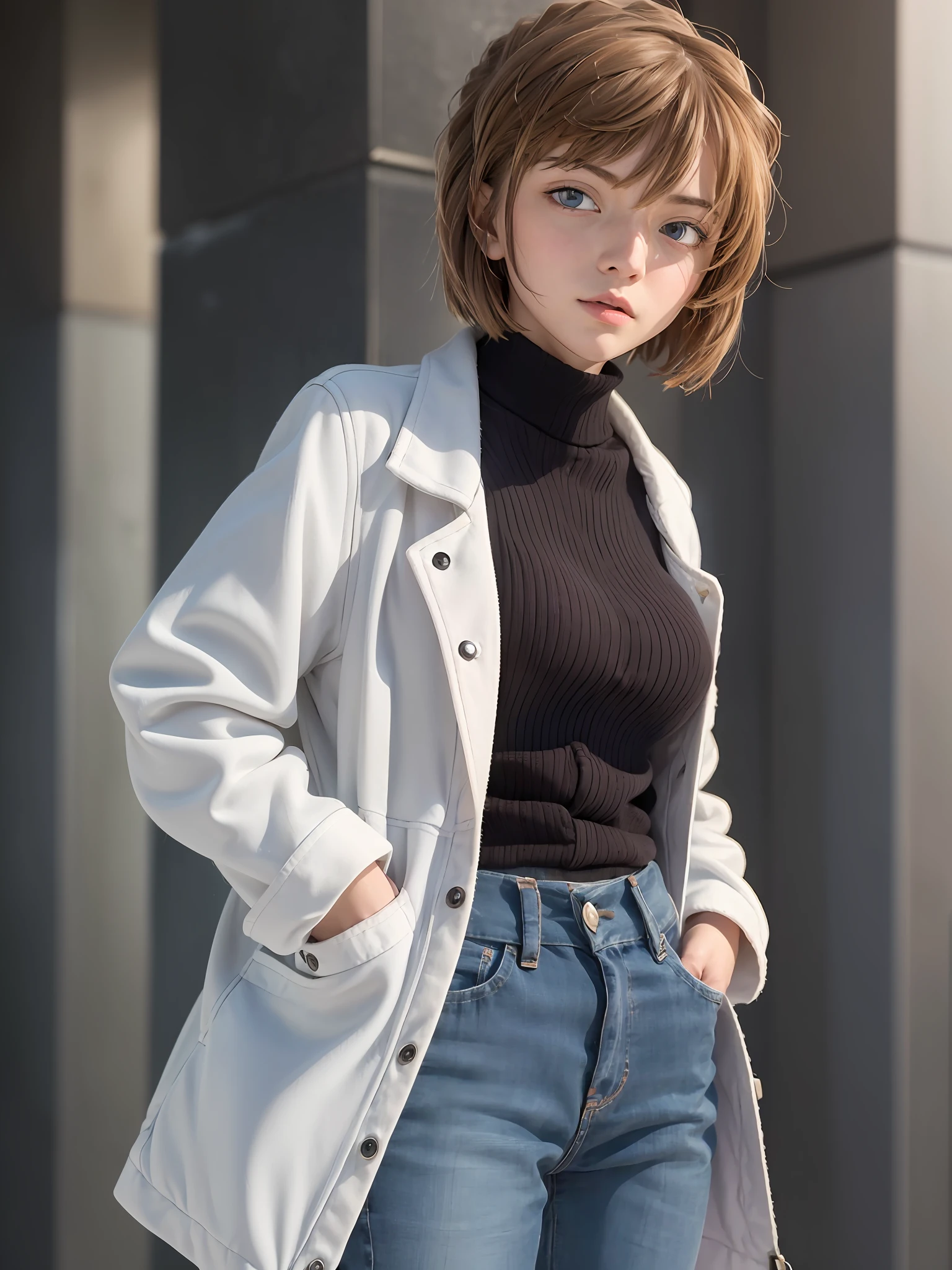 Ai Haibara, ((Masterpiece))), (8k, high_resolution), Manga, (distinct_image), (1 girl, solo)), ((Best Quality)), (Detective Conan\(Style\), Detesib Conan\(Style\), Detective Conan), Solo, Beautiful eyes and detailed face, ((1 girl, Solo)), (((Short hair)), white coat, expressionless, Put your hands in your pockets