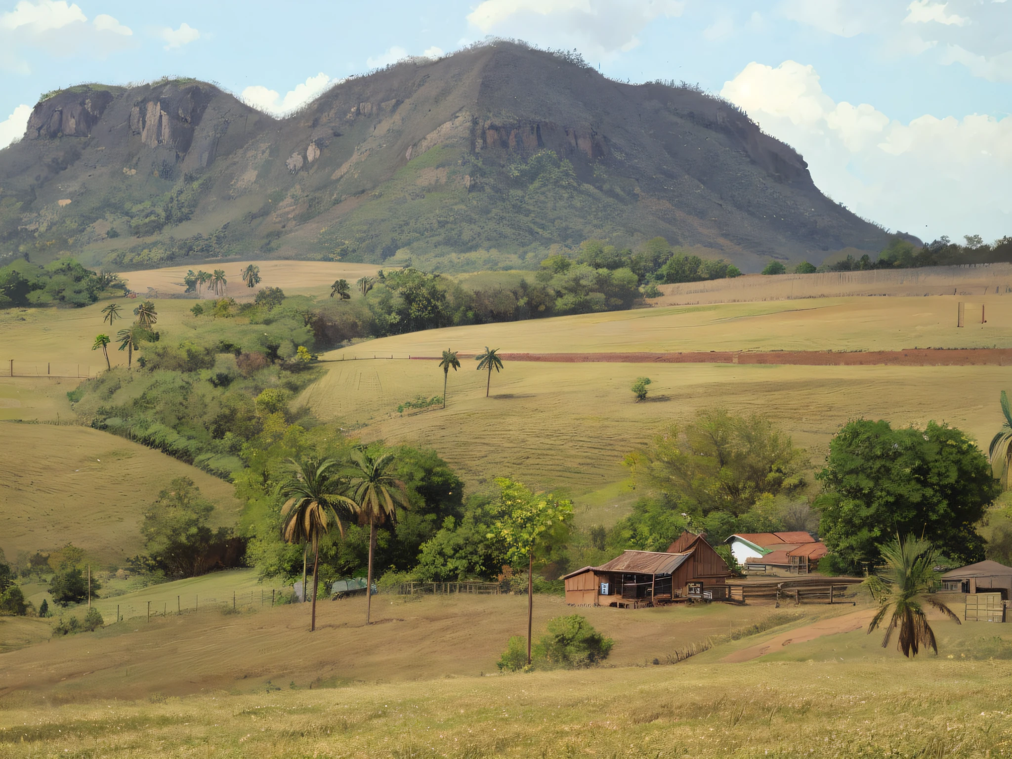 there is a small house in the middle of a large field, countryside, by Fernando Gerassi, house in the background, arid mountains and palm forest, around the city, seen from afar, farm, near farm, rural, wide view of a farm, village, hut, panorama, agricultural land, agricultural land, Brazil, very beautiful landscape, landscape view