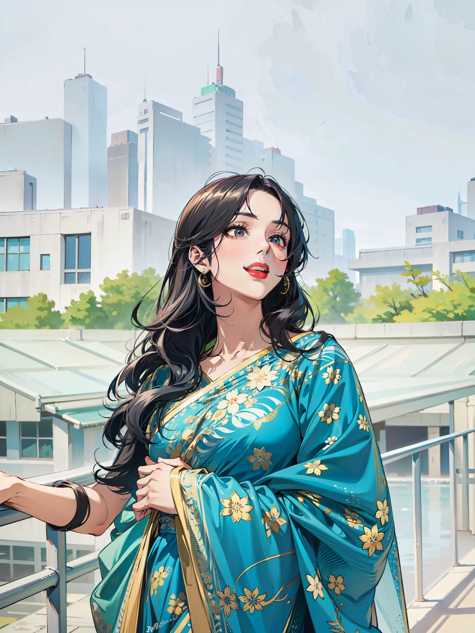 (masterpiece),(best quality:1.0), (ultra highres:1.0), detailed illustration, 8k, anime, 1girl, beautiful anime girl, wearing a green saree, intricate details, black eyes, detailed eyes, black hair, detailed hair detailed, highlights on hair, smile, red lipstick, red lips, detailed lips, anime style, best quality, detailed