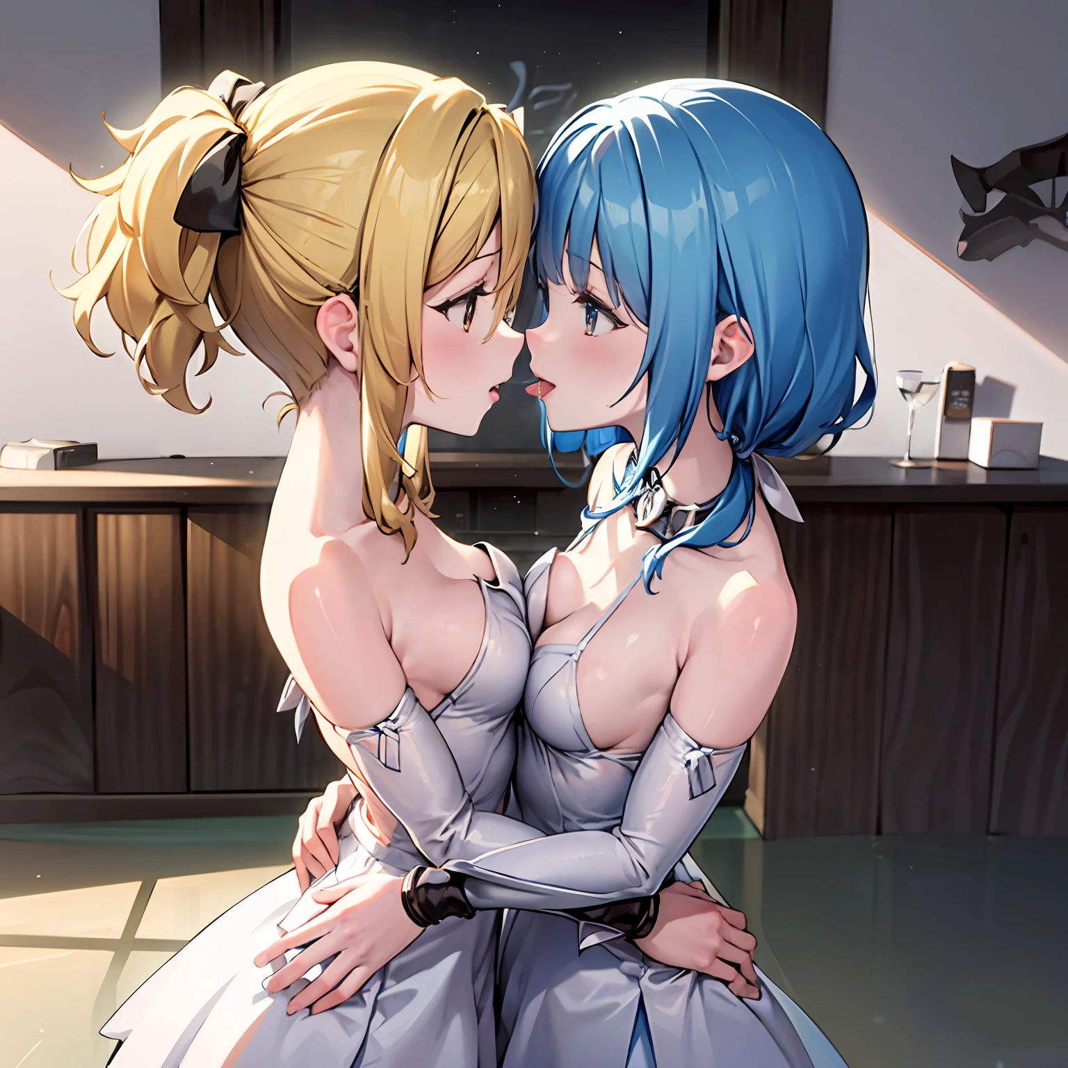 Two girls, blonde hair, blonde eyes, he wears a white hairpin on his head, the picture is portrait style, it is a close-up shot. Two girls wearing (white erotic lingerie), their skin looks fairer under bright lights. They stand in a comfortable room with romantic white walls and soft lighting in the background. Intimate hugs: Describes two girls hugging each other, snuggling each other, (kissing) revealing intimate emotions. symmetrical_docking, (looking_at_another:1.3), (facing the other: 1.3) (sticking out his tongue)
Gentle touch: Describes two girls gently touching each other's cheeks or shoulders, showing tenderness and honey between them.
Look at each other affectionately: Describe two girls looking at each other affectionately, conveying mutual love and tacit understanding through their eyes.
Kiss on the cheek: Describes two girls kissing each other on the cheek to express their friendship and greetings.