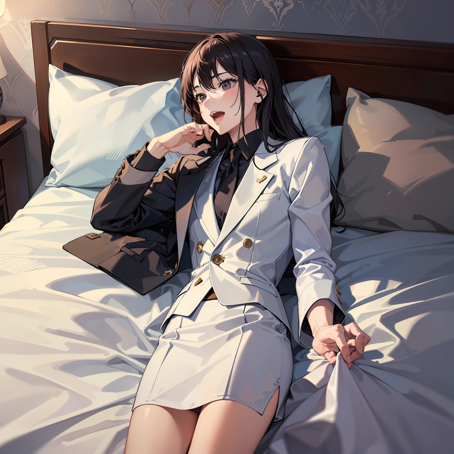 (A Man in a Suit 1.7)
(Stand in front of the bed 1.9)
(Open mouth laughs 1.8)
(A woman lying in bed 1.9)