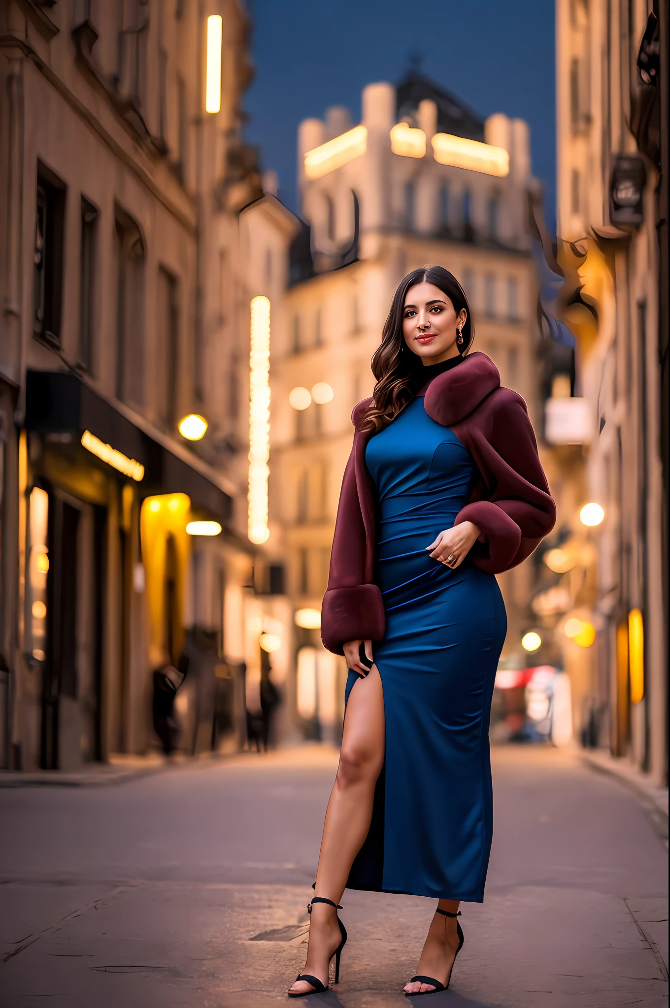 a woman posing for a photo, (wearing elegant dress:1.2), 
good hand,4k, high-res, masterpiece, best quality, head:1.3,((Hasselblad photography))n, sharp focus, (cinematic lighting), night, soft lighting, dynamic angle, [:(detailed face:1.2):0.2],(((city background))), outside,(wearing oversized_fur:1.3),