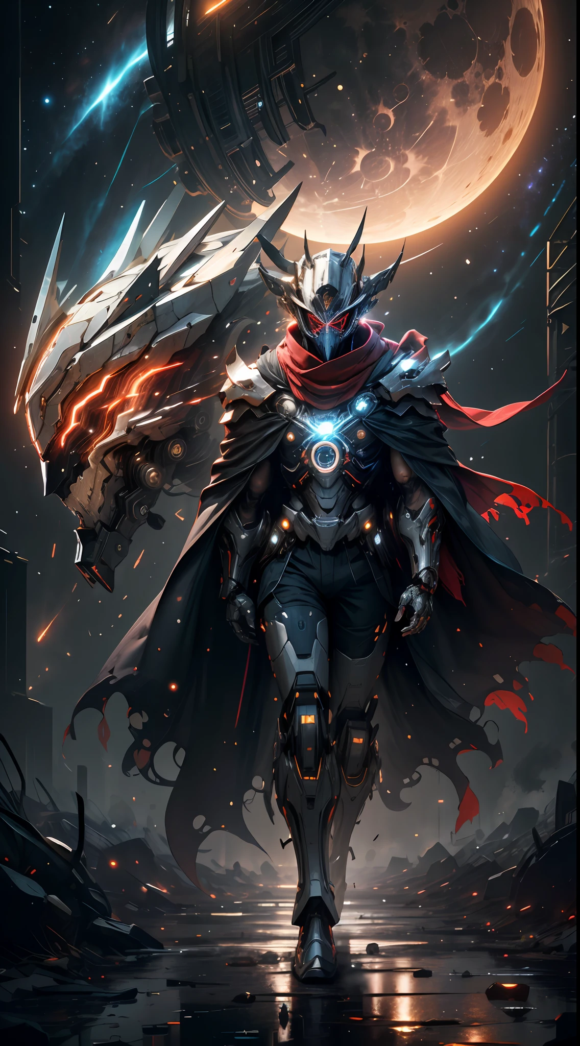 Realistic, shiny, reflective, bioluminescent, galactic cybernetic mask, mecha, (assassin: 1.2), ((scarf, long cloak))), SH4G0D, GlowingRunes_red, full body, sideways, cinnamon, dark background, starry sky, big moon, backlight, high contrast,