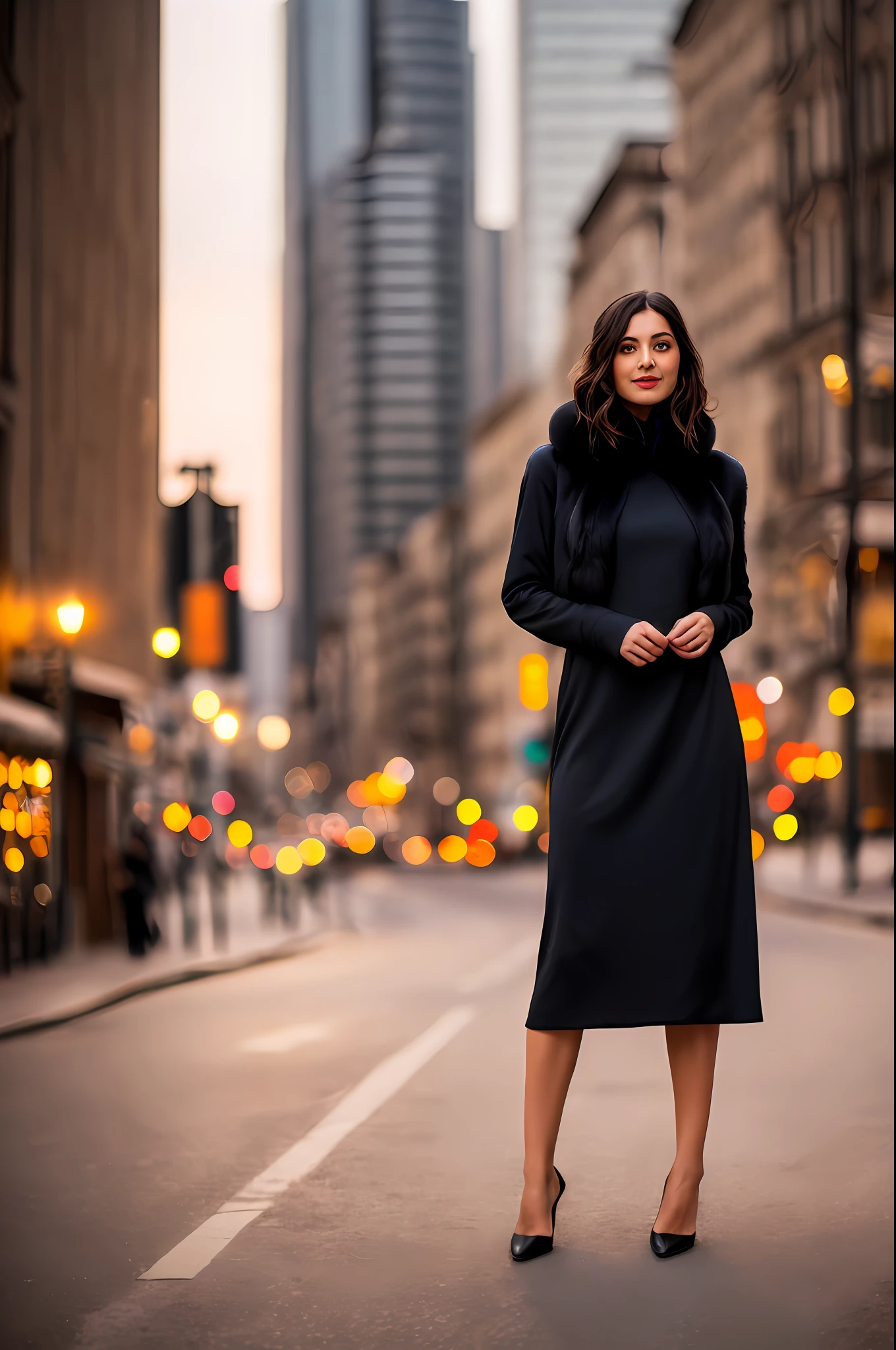 a woman posing for a photo, (wearing elegant dress:1.2), 
good hand,4k, high-res, masterpiece, best quality, head:1.3,((Hasselblad photography))n, sharp focus, (cinematic lighting), night, soft lighting, dynamic angle, [:(detailed face:1.2):0.2],(((city background))), outside,(wearing oversized_fur:1.3),