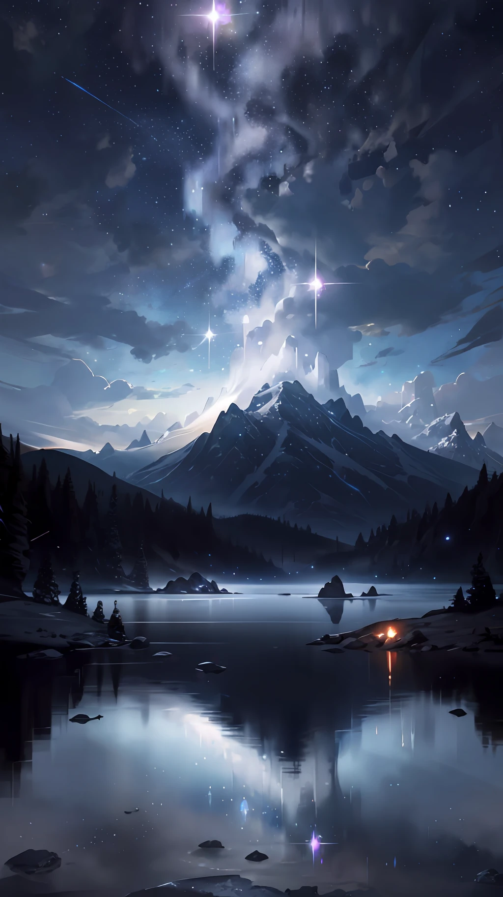 Starry Sky with Mountains and Lake, Jessica Rossier, Inspired by Jessica Rossier, Jessica Rossier Fantasy Art, Concept Art Magic Highlights, Official Artwork, Dream Painting, Ethereal Realm, Atmospheric artwork, dreamy matte paintings, serene endless stars inspired by Ted Nasmith, moonlit starry environments, epic music album covers.