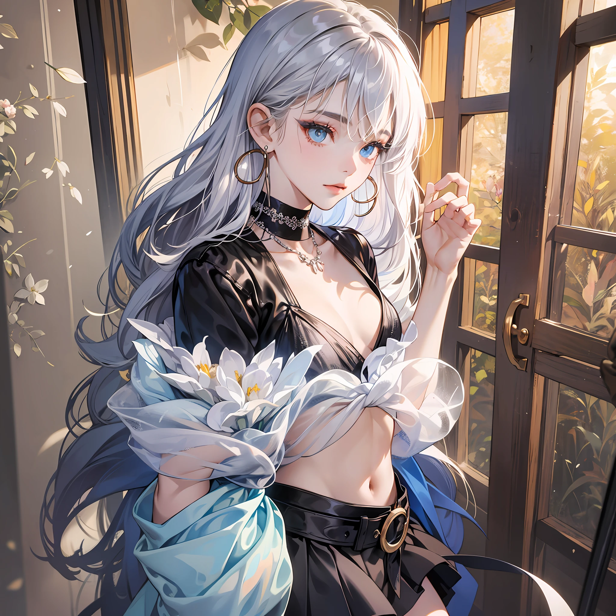 Masterpiece: 1.6, Best Quality: 1.4, Live Image: 1.2, Intricate Detail: 1.2, Charturnerv2: 1.2, 1 Lady Full Body Character Change, Real Photo
Appearance: High school girls: 1.25, thin: 1.3, light blue eyes, ??????????????, delicate eyes, quality eyes,
Clothing: white ?????????, miniskirt, black gloves
Accessories: simple hoop earrings, black necklace, small flowers in the hair,
Hair: silver, long, semi-curly,
Makeup: natural, radiant skin,