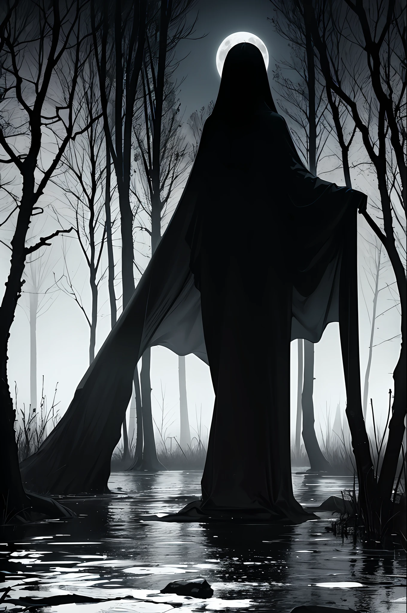 ((Best quality)), ((masterpiece)), ((realistic)), Witching Hour, As the clock strikes midnight, the succubus emerges from the depths of a cursed swamp, shrouded in darkness and draped in a billowing cloak. Capture the haunting atmosphere of the witching hour, as the moon hangs low in the sky, casting an ominous glow on the twisted trees and murky waters. Is she accompanied by supernatural creatures or surrounded by a malevolent aura, making her presence felt by those who dare to cross her path?