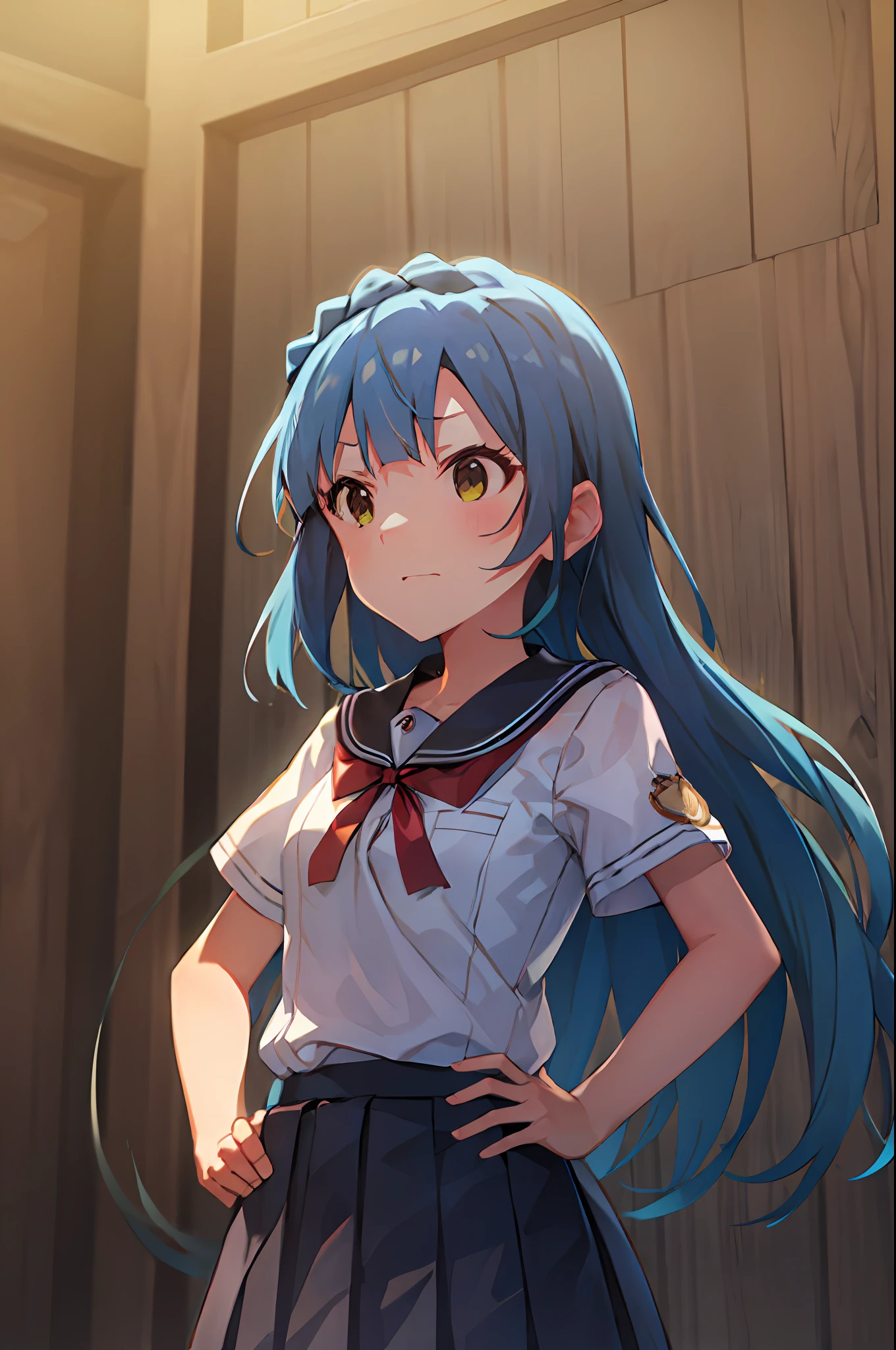 Yuriko Nanao (Million Live), (Top Quality, 8K, Masterpiece, Super Detail: 1.2), Cinematic Angle, Wide Shot, 1 Girl, Solo, Skirt, Watch Viewer, Sailor Color, Pleated Skirt, Short Sleeves, School Uniform, Blush, Serafuk, Clavicle, Ribbon, Upper Body, Adjusted Hair, Wind, Floating Hair, Hands on Hips, Chest Stretching, Despair Face.Night.