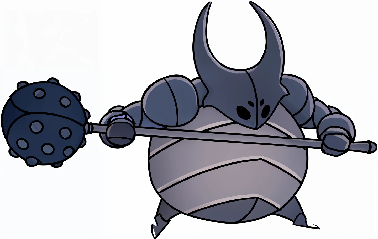 cartoon image of a man in armor holding a large ball and a stick, Hollow Knight Knight, Hollow Knight Hornet, Hollow Knight Style, Hollow Knight portrait, Hollow Knight concept art, Hollow Knight, Minion as a Darksouls boss, Evil Knight, Cel shaded, Guggimon, Agent Pekka, Scary Knight, concept art of a fight against the knight