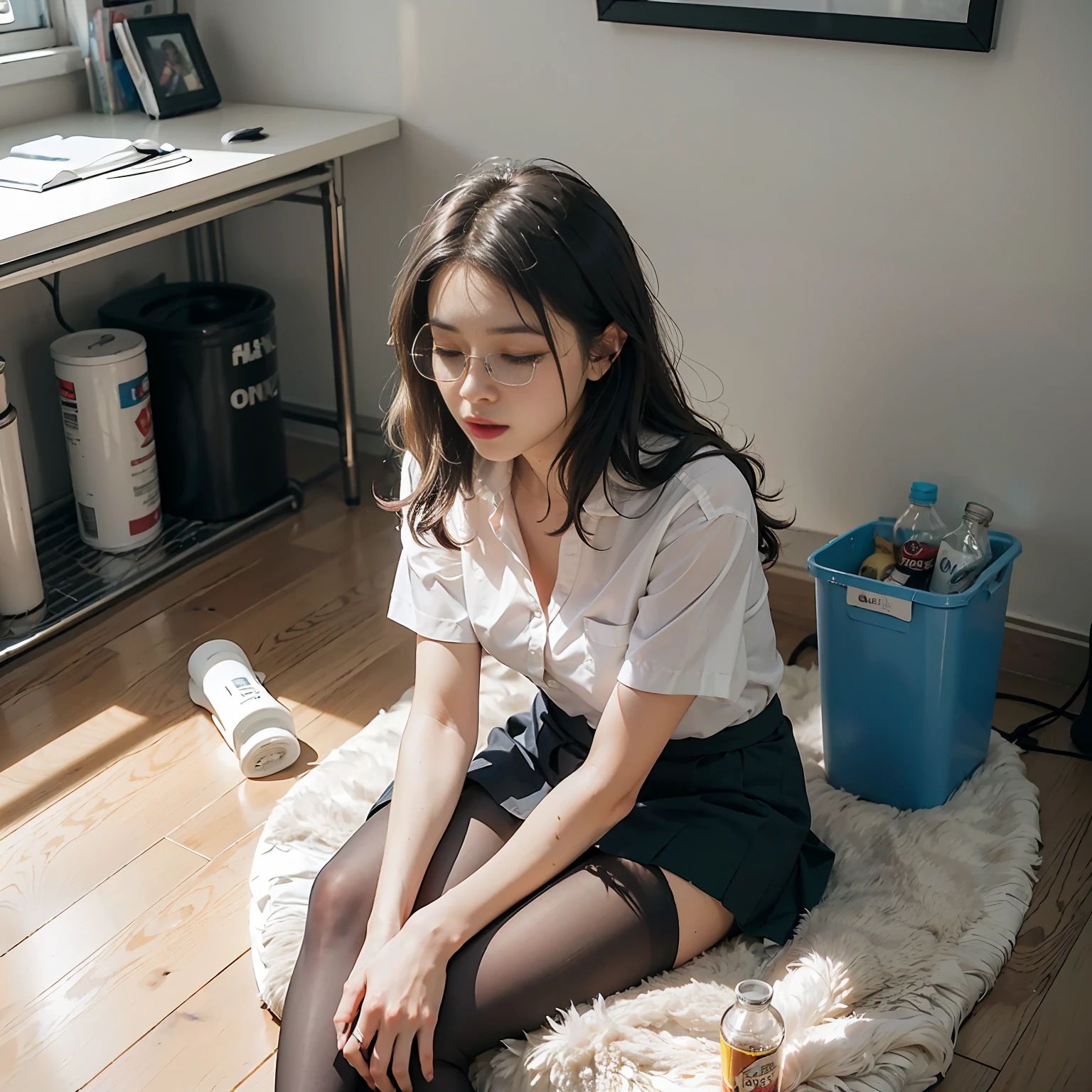 (8k, RAW photos, best quality, masterpiece, : 1.2), (realistic, photorealistic: 1.37), (1 girl, solo: 1.3), office lady 24 years old Japan girl, office lady, office lady, black hair, ((disheveled hair, unkempt hair: 1.5)), labor, hard work, social animals, overwork, exhaustion, bed, from above, ((sleeping on the bed, legs spread wide, ( Eyes closed, mouth open: 1.5)), sad expression of despair, bedroom, (dark room, night, indirect lighting: 1.3), small bust, wearing glasses, (office work, shirt, skirt, pantyhose: 1.5), (disheveled clothing: 1.5), sloppy posture, (littered with garbage, garbage bags, messy room, messy clothes, empty cans rolled on the floor, Bottles of liquor lying on the floor, half-eaten sweets on the floor: 1.5), spilled potato chips, energy drinks, ultra-high resolution, physically based rendering, cinematic lighting, dynamic angles