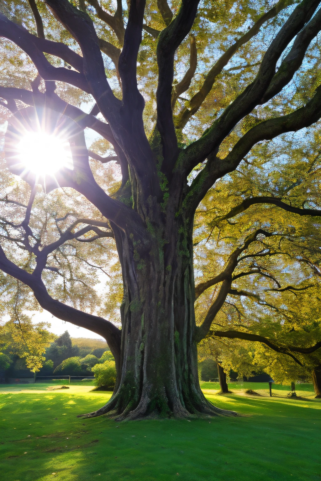 masterpiece, best quality, high quality. Large centenary oak with a very twisted and intricate trunk.surrounded by a fantasy forest, with fungi and dry leaves on the ground. illuminated by the sun that enters between the trees