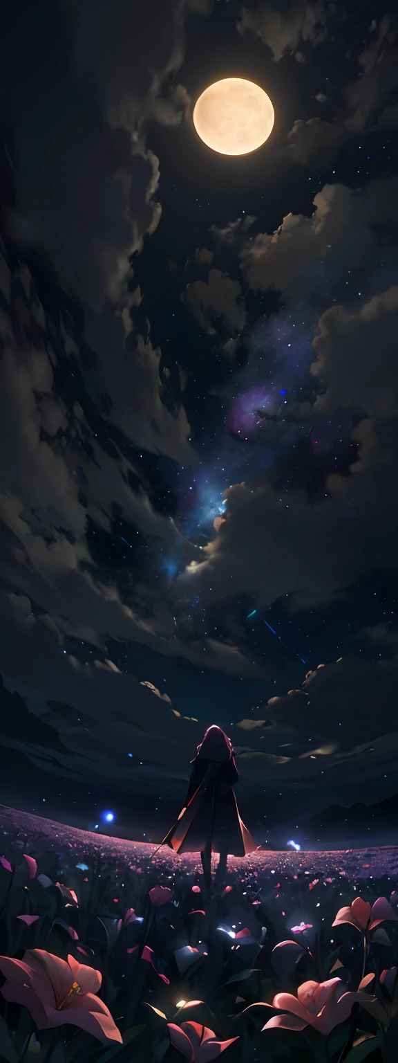 A wide landscape photo, (viewed from below, the sky is above, and the open field is below), a girl standing on a flower field looking up, (full moon: 1.2), (meteor: 0.9), (nebula: 1.3), distant mountains , Trees BREAK Crafting Art, (Warm Light: 1.2), (Firefly: 1.2), Lights, Lots of Purple and Orange, Intricate Details, Volumetric Lighting BREAK (Masterpiece: 1.2), (Best Quality), 4k, Ultra Detailed, (Dynamic Composition: 1.4), Rich in Detail and Color, (Rainbow Color: 1.2), (Glow, Atmospheric Lighting), Dreamy, Magical, (Solo: 1.2)