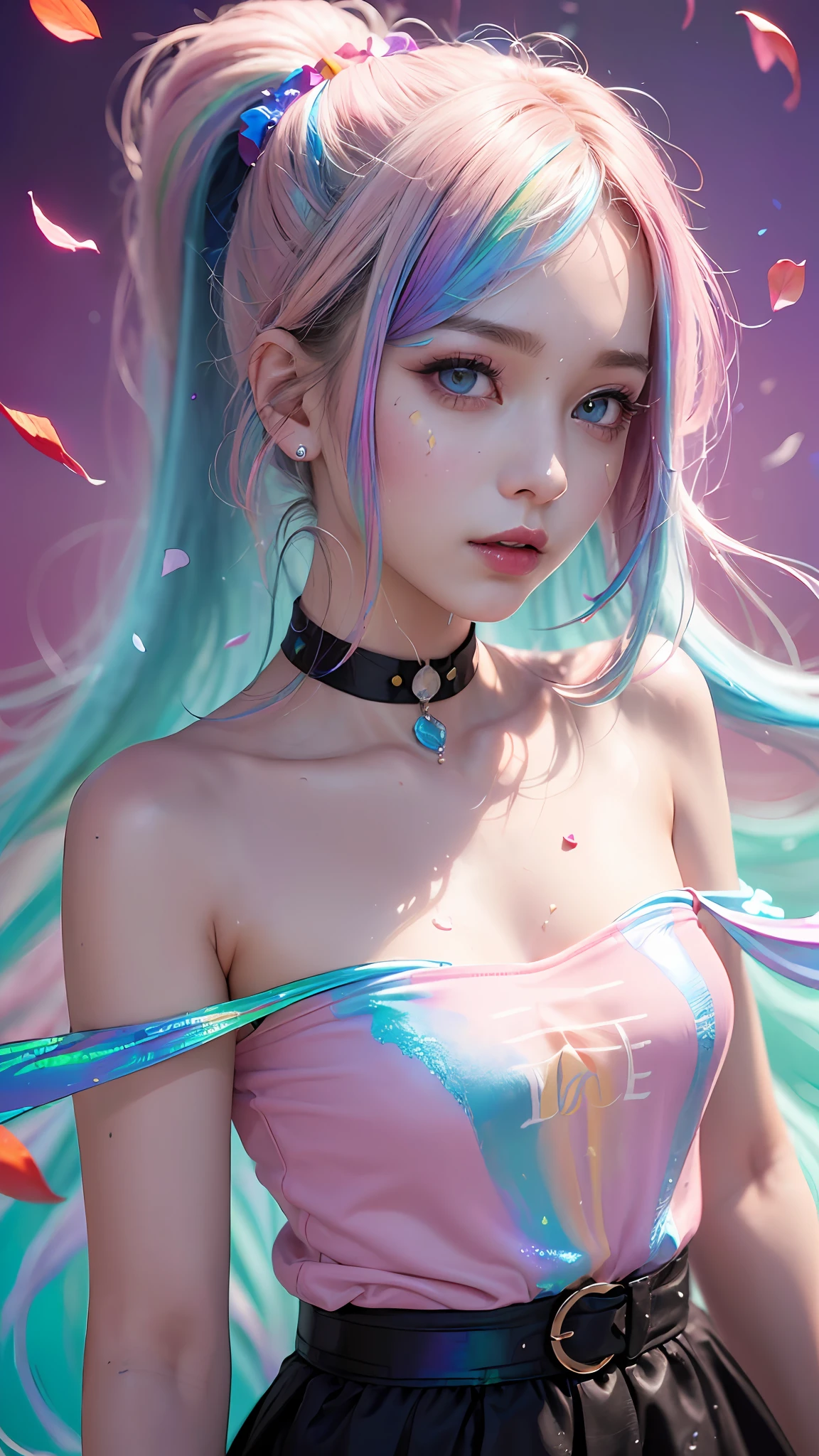 Full Body Portrait、(Pink Fashion T-Shirt:1.9)、(colourful hair:1.8)、(All colors of the rainbow:1.8)、((((vertical painting:1.6)))、(painterly、:1.6)、front Face、comic、An illustration、painterly、、big Eyes、Crystal clear eyes、(Iridescent gradient high ponytail:1.7)、Exquisite makeup、mouth closed、(Small fresh:1.5)、(Wipe chest:1.6)、long eyelash、white off-Ang-shoulder T-shirt、、White shoulder shirt、Looking at the audience、Big watery eyes、(Iridescent hair:1.6)、 color splash, (solo、:1.8), color splash, Color explosion, Thick paint style, Messy lines, ((resplendent)), (COLORFUL), (COLORFUL), COLORFUL, COLORFUL, Chic paint style, (Splash) (color splash), vertical painting, upperbody, Paint Splash, Acrylic pigments, gradients, painti, highest quality, highest quality, Master peace、, solo、, depth offield, face-paint, colorfully clothes, (elegantly: 1.2), Gorgeous,slong hair, Wind, (elegantly: 1.3), (flower petals:1.4)、(((Master peace、)))、(((sthe highest qualit)))、((Super Detailed))、(An illustration)、(dynamic ungle)、((floating))、(painti)、((Tousled Hair))、(solo、)、(1女の子)、((Detailed Anima Face)))、((Beautiful Detailed Face))、collared、Bare Shoulder、white haired、((colourful hair))、(((streaked hair))、Beautiful Detailed Eyes、(Eyes in gradient colors)、(((colorful eyes))))、(colorful background))))、((((High Saturation))))、(((Surrounded by colorful splashes)))、