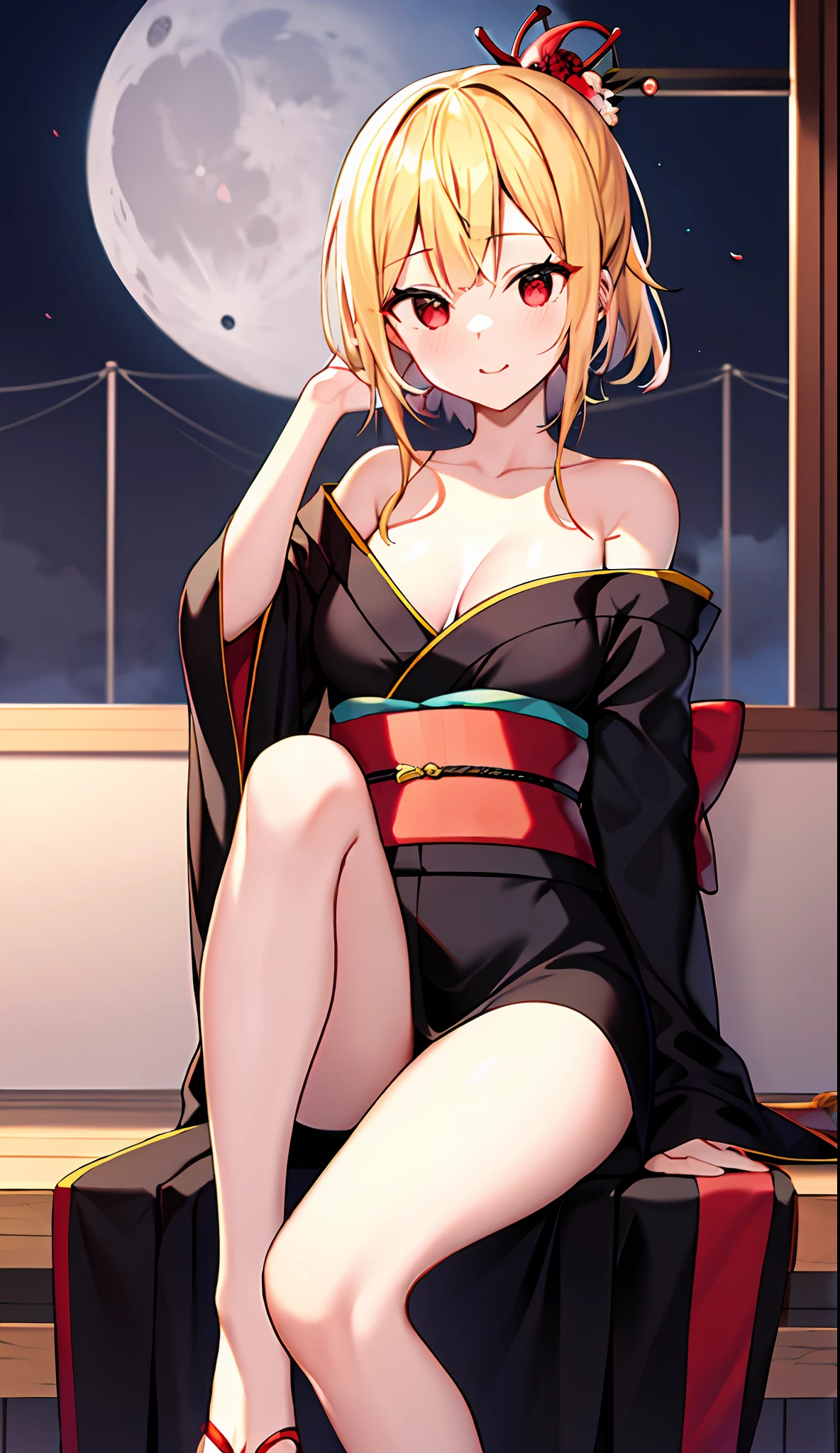 blonde, red eyes, girl alone, kimono, off-shoulder, sexy, sitting, moon and cherry background