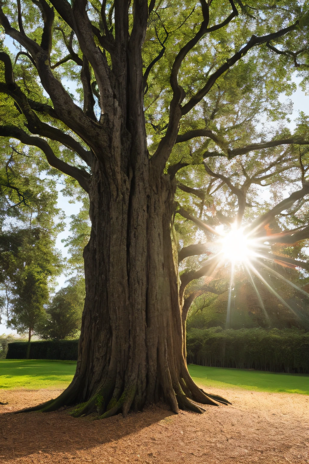masterpiece, best quality, high quality. Large centenary oak with a very twisted and intricate trunk.surrounded by a fantasy forest, with fungi and dry leaves on the ground. illuminated by the sun that enters between the trees
