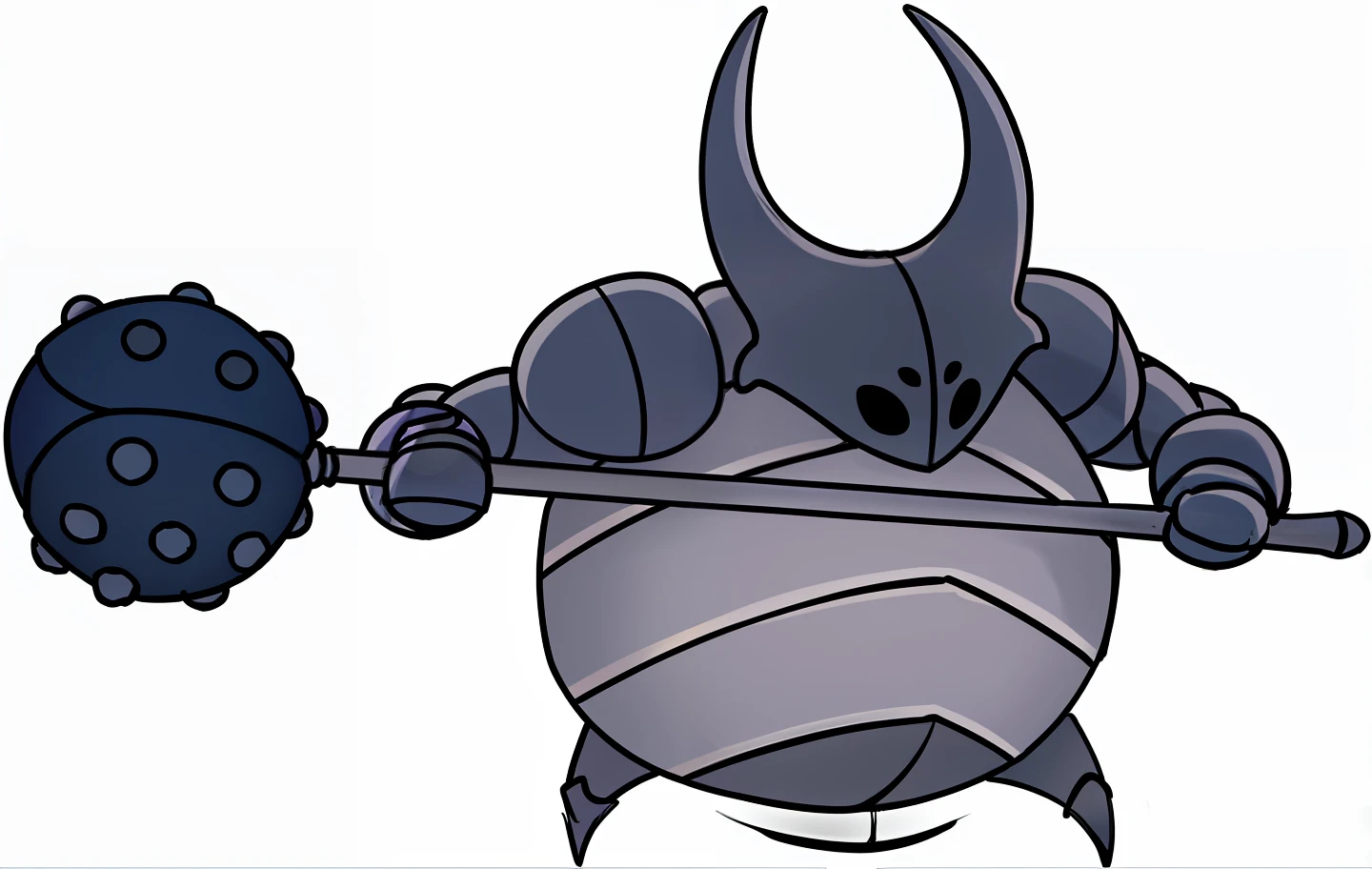 cartoon image of a man in armor holding a large ball and a stick, Hollow Knight Knight, Hollow Knight Hornet, Hollow Knight Style, Hollow Knight portrait, Hollow Knight concept art, Hollow Knight, Minion as a Darksouls boss, Evil Knight, Cel shaded, Guggimon, Agent Pekka, Scary Knight, concept art of a fight against the knight