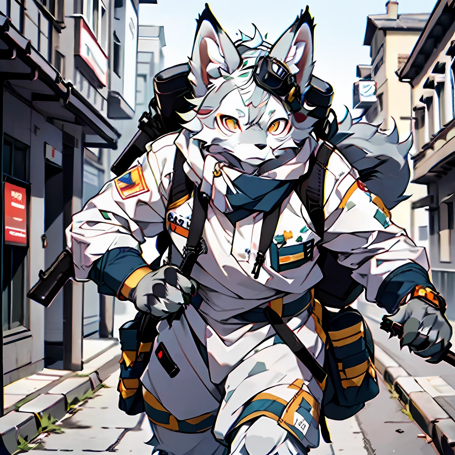 (Best Quality), ((Sharpen 1.2)), (Masterpiece), Lines Visible, (((Single))), (Ultra Detailed), (Furry), Full Body Furry, Furry, (Male Arctic Fox: 1.5), (Gray Skin: 1.3), (Gray Fur: 1.3), (Golden Eyes), ((Canine Paws)), ((Gray Claws)), (Gray Ears), Sharp Focus, (Furry Feeling of Animal Ears), Wearing Soldier Equipment, Wearing a Soldier's Helmet, With a rifle on his back, he stood next to the armored car