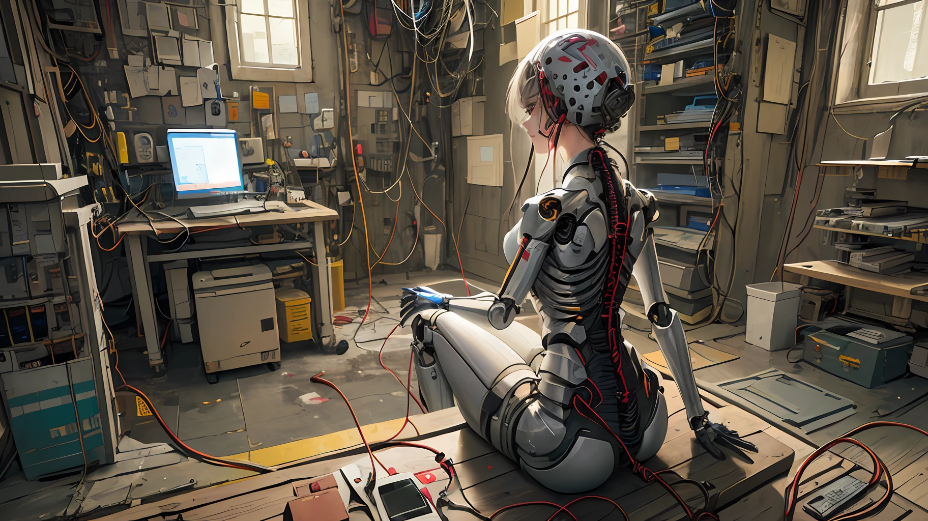 (((masterpiece))), (((best quality))), ((ultra-detailed)), (highly detailed CG illustration), ((an extremely delicate and beautiful)),(cute delicate face),cinematic light,((1mechanical girl)),solo,full body,(machine made joints:1.4),((machanical limbs)),(explosed muscles),(blood vessels connected to tubes),(a brain in container:1.3),((mechanical vertebra attaching to back)),((mechanical cervial attaching to neck)),((sitting)),expressionless,(wires and cables attaching to head and body:1.5),small breasts,short hair,(character focus),science fiction