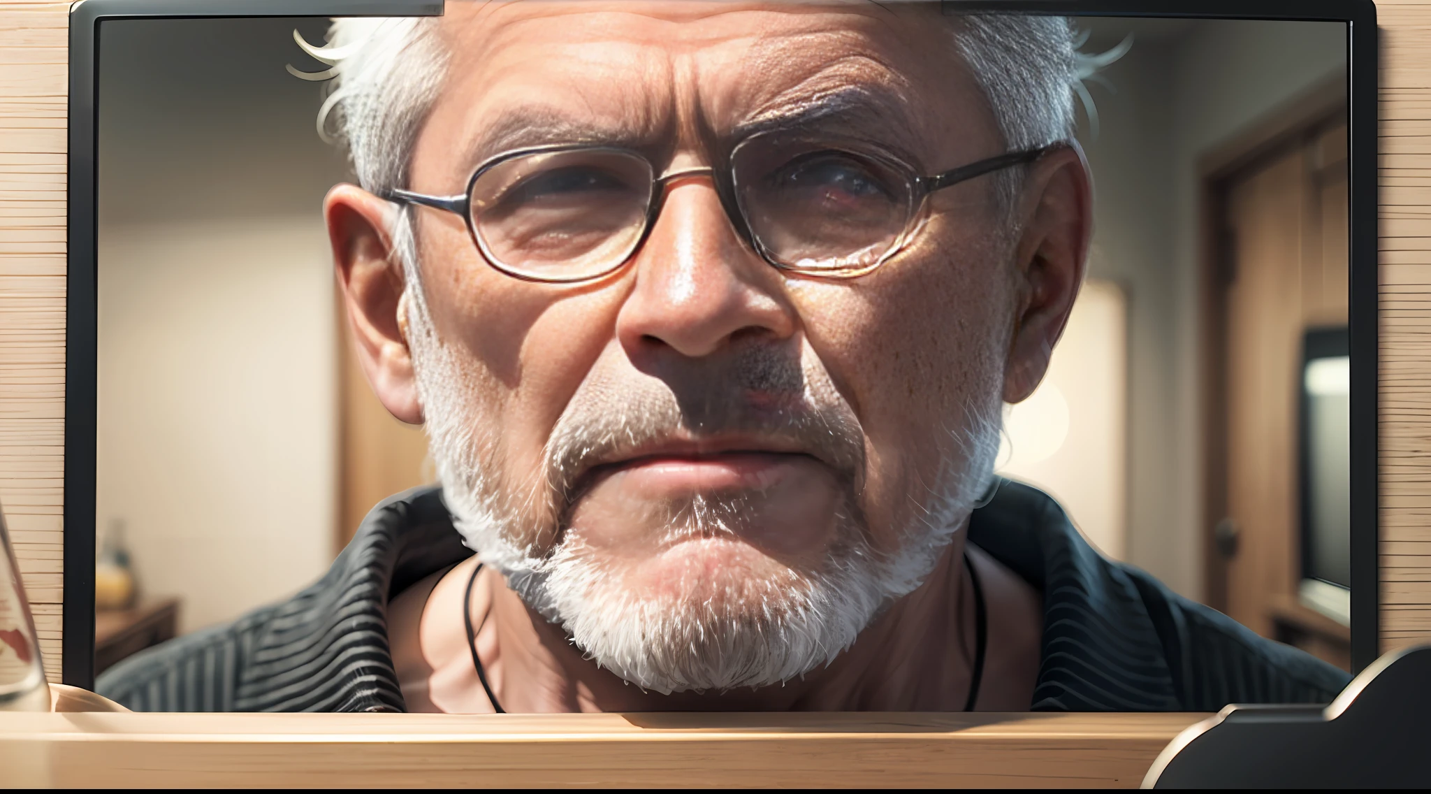 An old man with a gray beard and a bald head, wearing a loose brown long-sleeved shirt, holding a glass of spirits, looks at TV, movie shots, close-up TV with a cold look