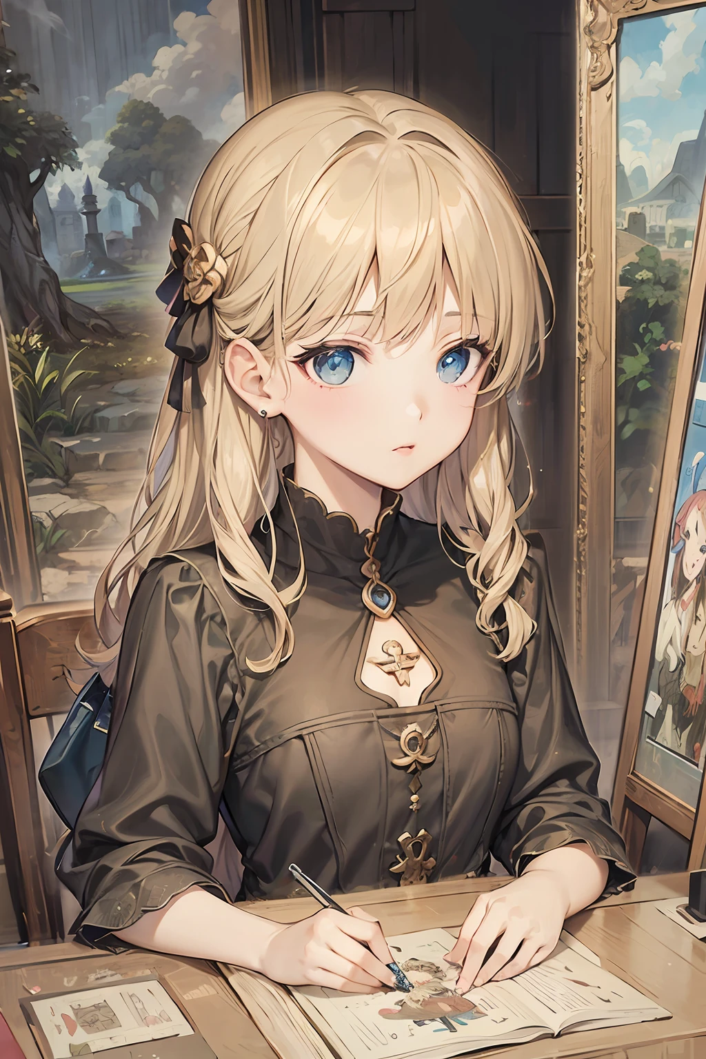 anime girl sitting at a table with a book and pen, portrait of lolita, portrait of an anime girl, detailed portrait of anime girl, detailed key anime art, portrait of anime girl, beautiful anime portrait, boris valejo. octopath traveler, detailed anime art, detailed anime artwork, beautiful character painting, japanese anime artist drawn, portrait anime girl, beautiful anime artwork