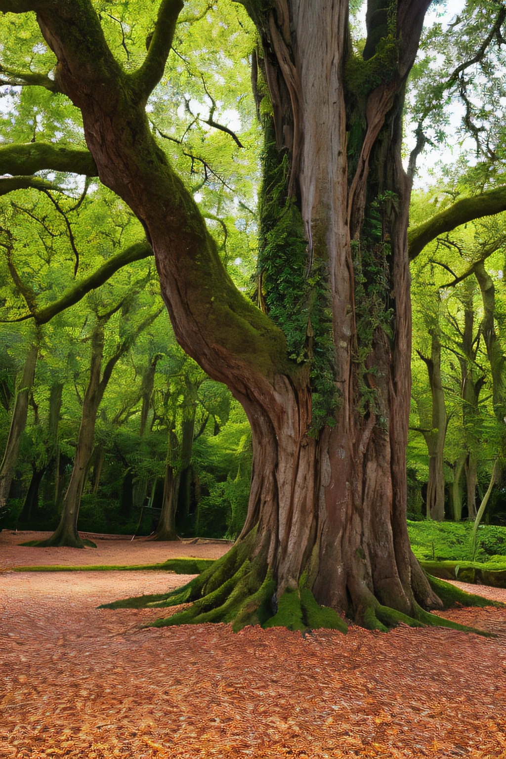 masterpiece, best quality, high quality. Large centenary oak with a very twisted and intricate trunk.surrounded by a fantasy forest, with fungi and dry leaves on the ground. illuminated by the sun that enters between the trees